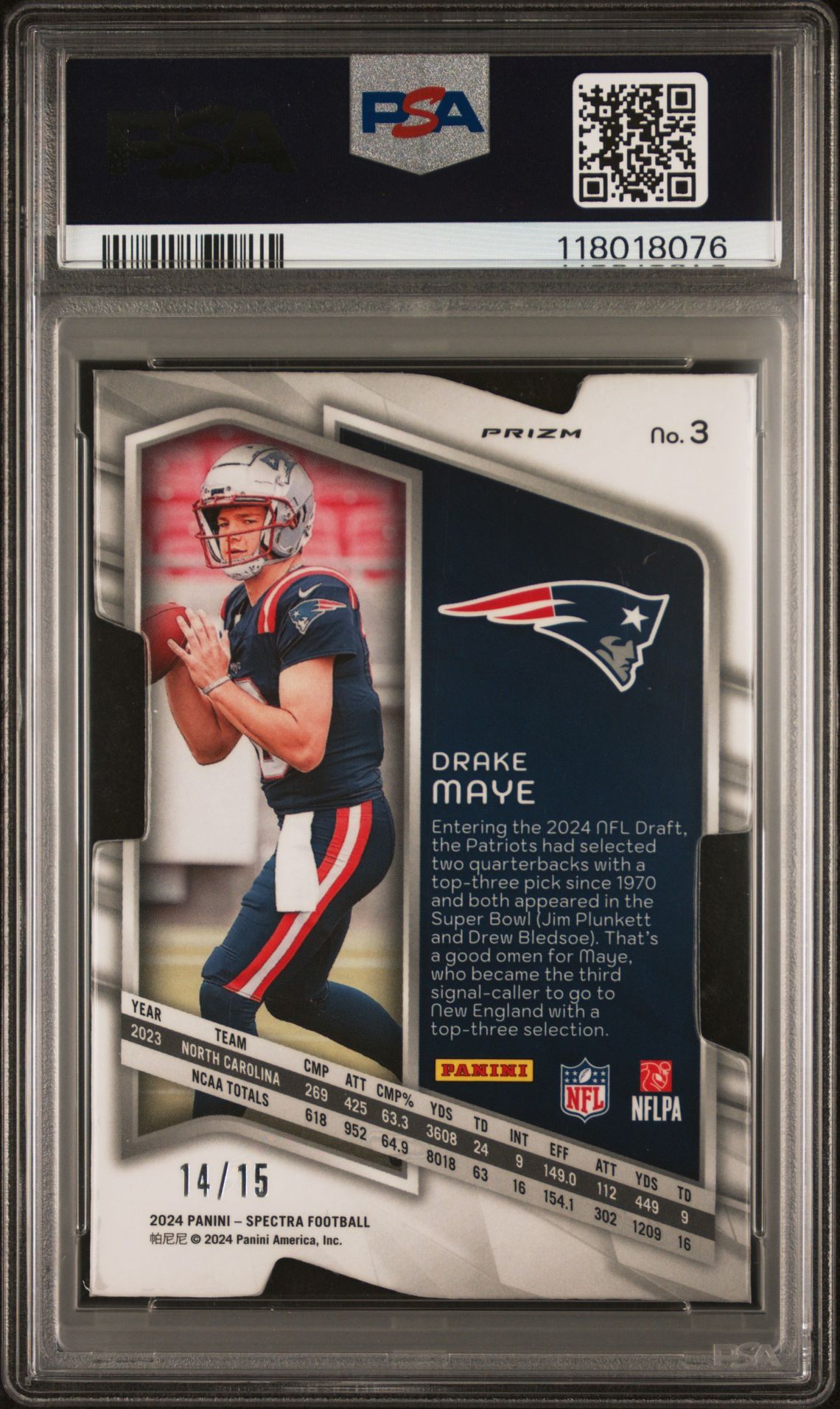 2024 Panini Spectra Drake Maye #3 (Neon Orange Die-Cut) Gem Mt 10 back