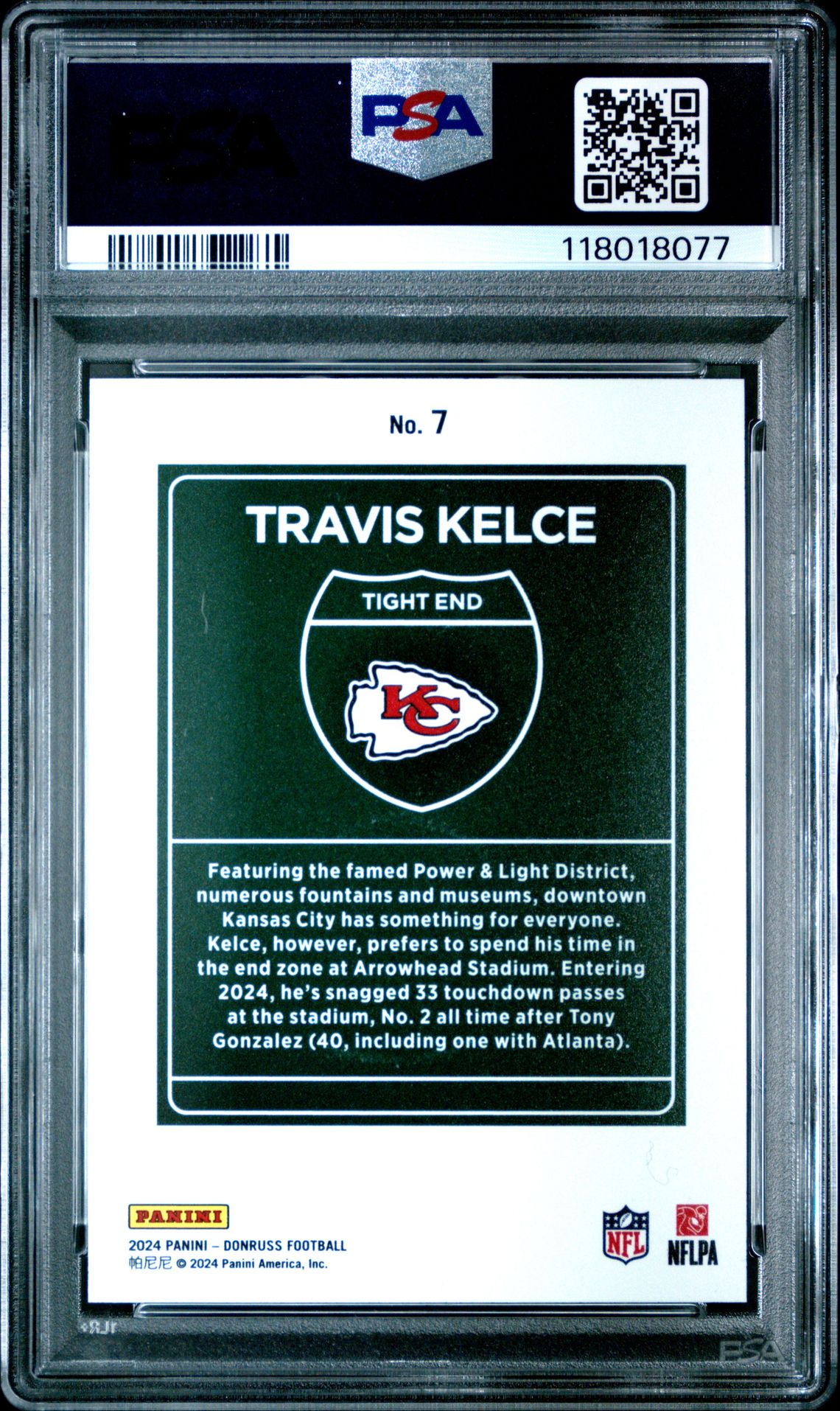 2024 Panini Donruss Downtown! Travis Kelce #7 Gem Mt 10 back