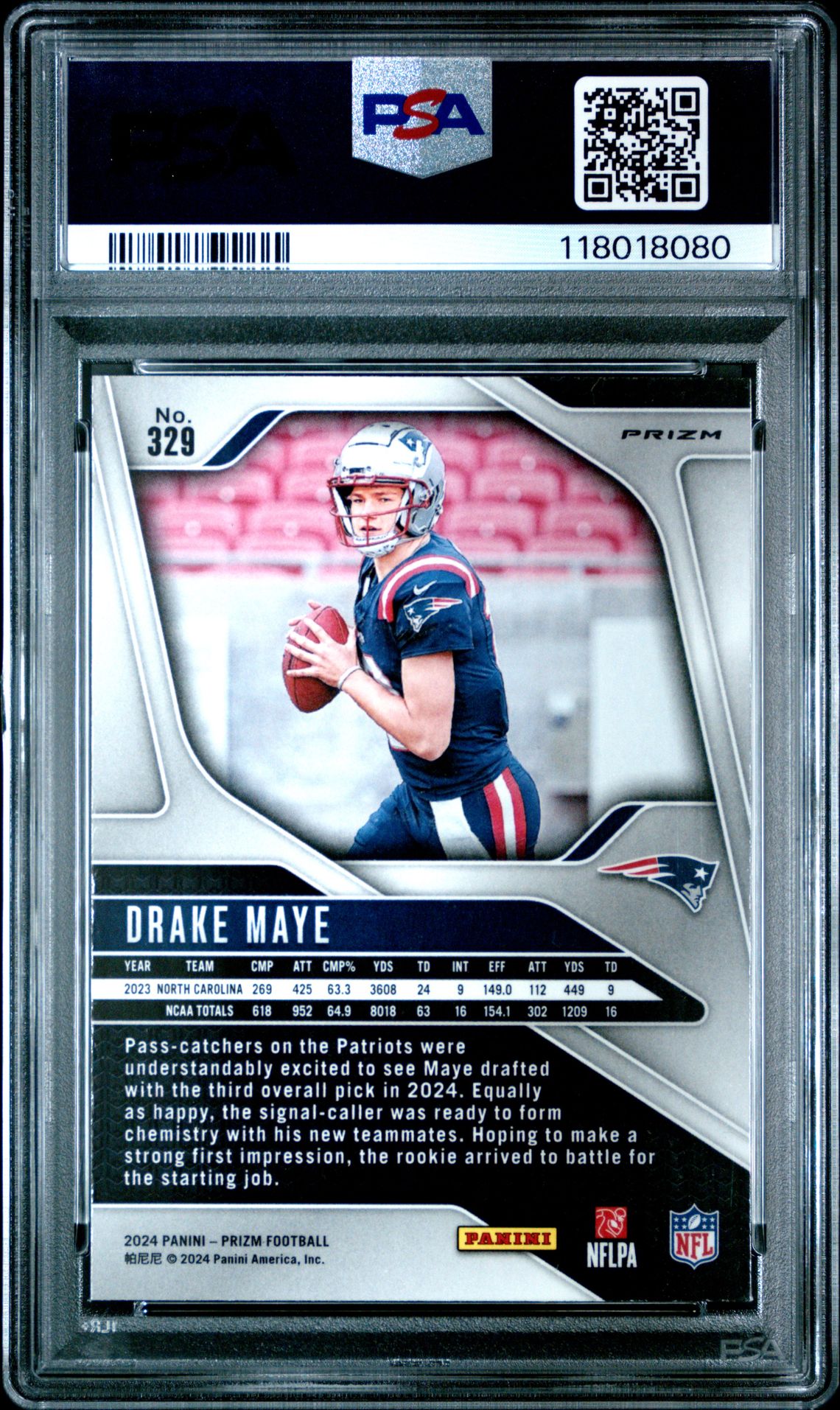 2024 Panini Prizm Drake Maye #329 (Neon Green Pulsar) Mint 9 back