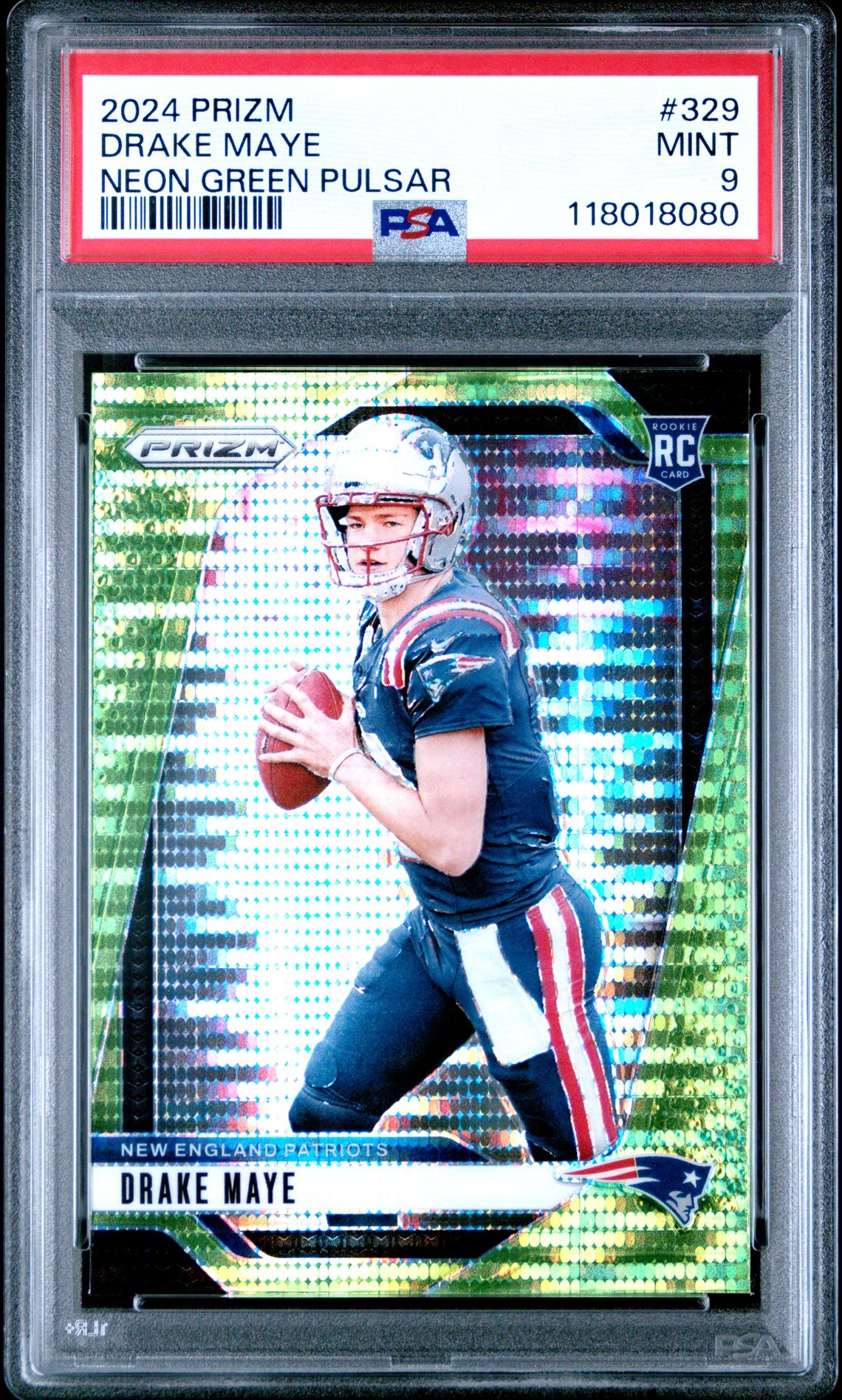 2024 Panini Prizm Drake Maye #329 (Neon Green Pulsar) Mint 9 front