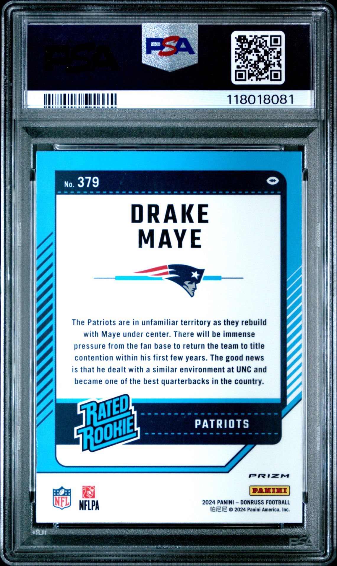 2024 Panini Donruss Drake Maye #379 (Optic Preview-Red Wave) Gem Mt 10 back