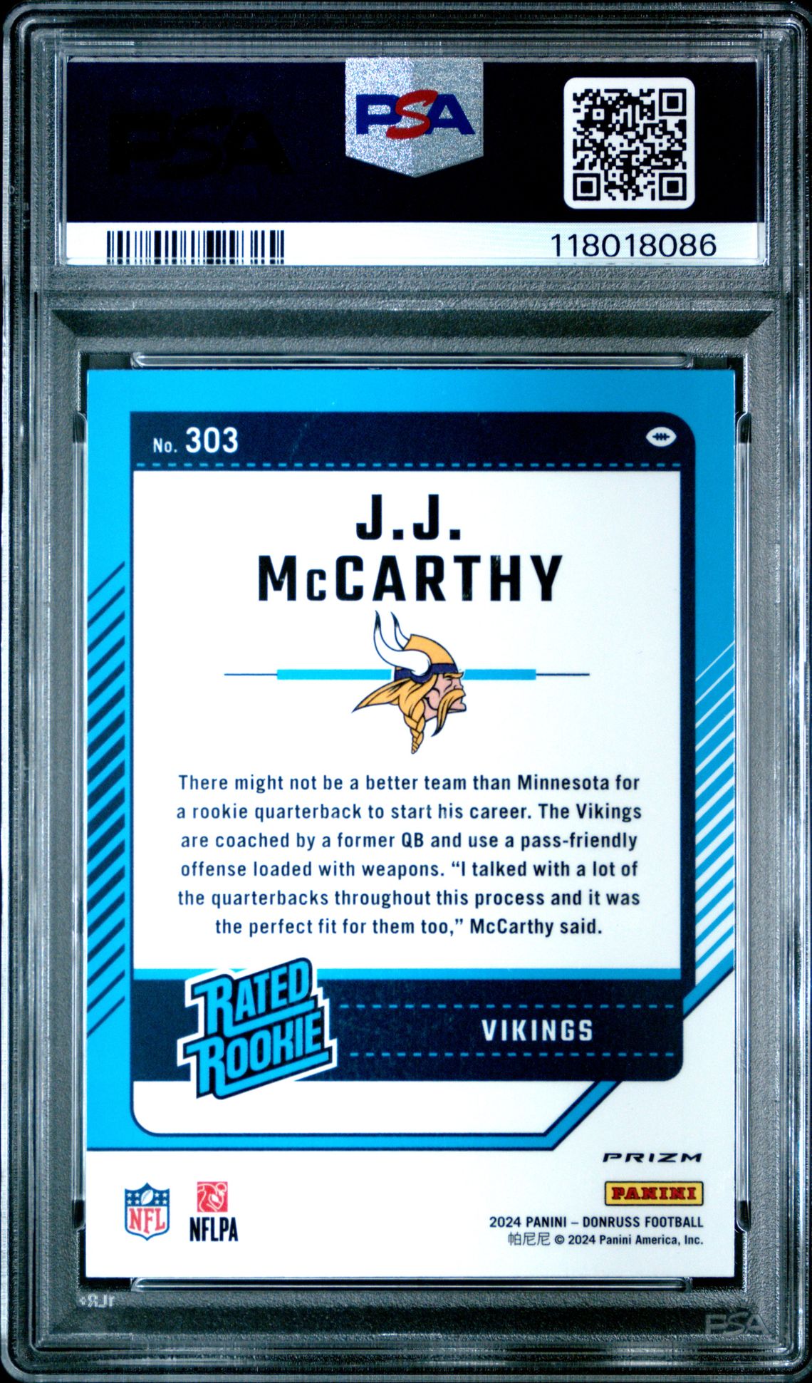 2024 Panini Donruss Jj Mccarthy #303 (Optic Preview-Red Wave) Gem Mt 10 back