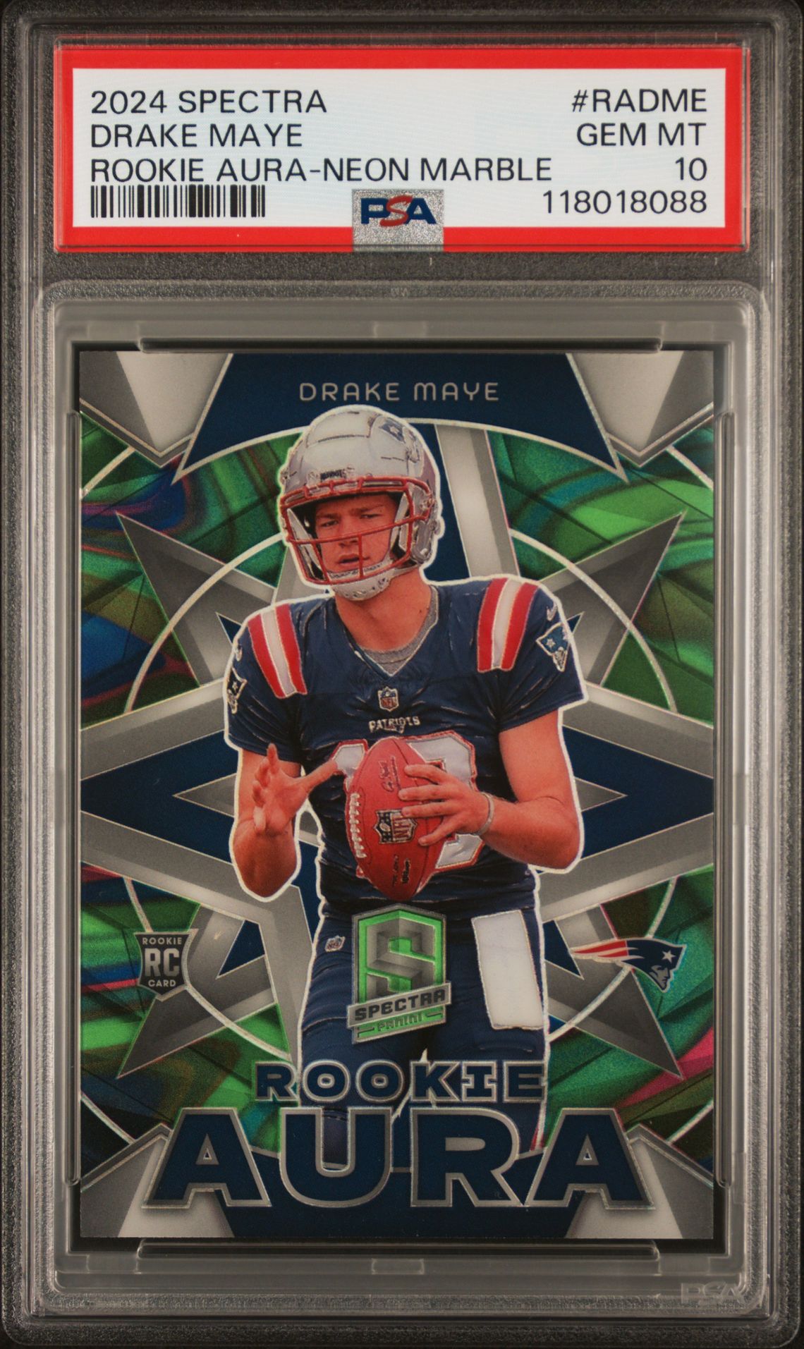 2024 Panini Spectra Rookie Aura Drake Maye #Radme (Rookie Aura-Neon Marble) Gem Mt 10 front
