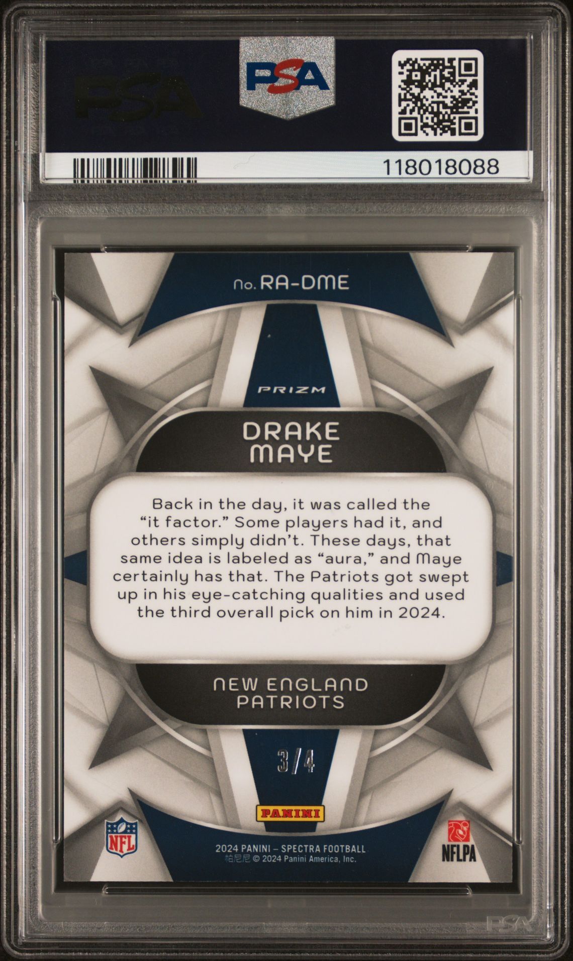 2024 Panini Spectra Rookie Aura Drake Maye #Radme (Rookie Aura-Neon Marble) Gem Mt 10 back