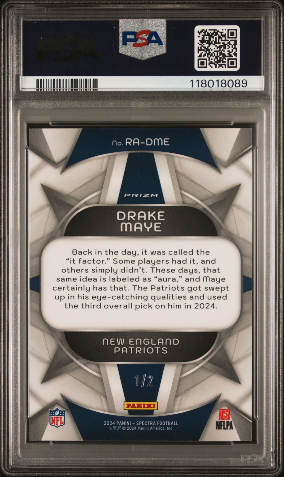 2024 Panini Spectra Rookie Aura Drake Maye #Radme (Rookie Aura-Nebula) Gem Mt 10 back