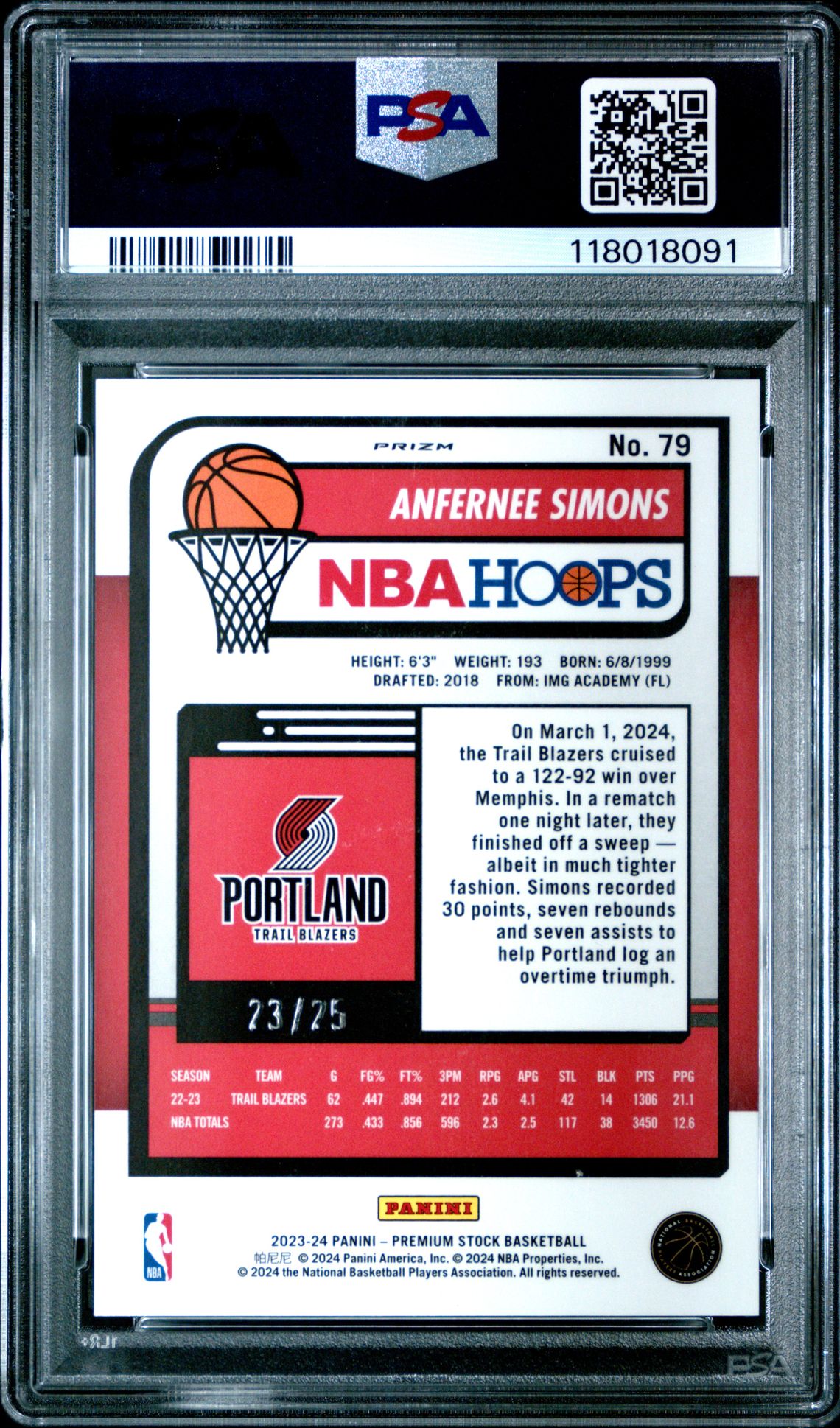 2023 Panini Hoops Premium Stock Anfernee Simons #79 (Ice Prizm) Gem Mt 10 back