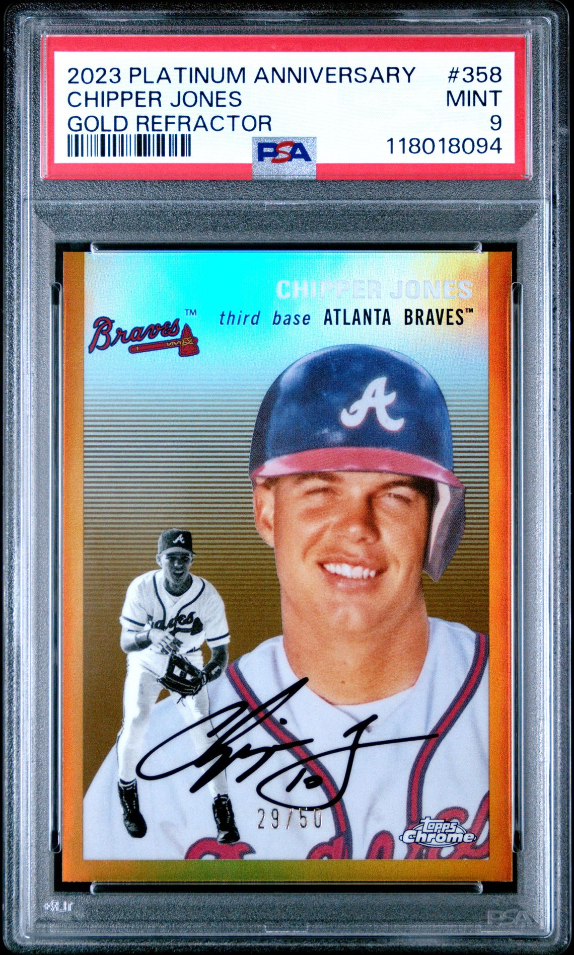 2023 Topps Chrome Platinum Anniversary Chipper Jones #358 (Gold Refractor) Mint 9 front