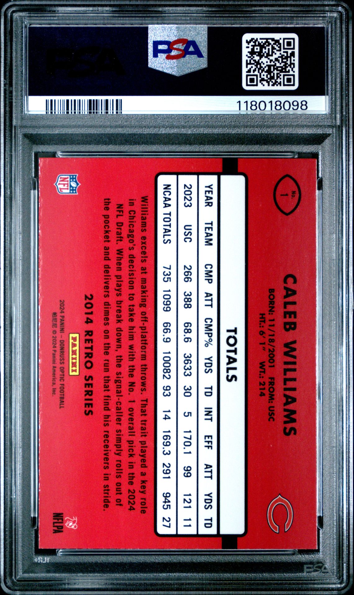 2024 Panini Donruss Optic 2014 Retro Series Caleb Williams #1 Mint 9 back