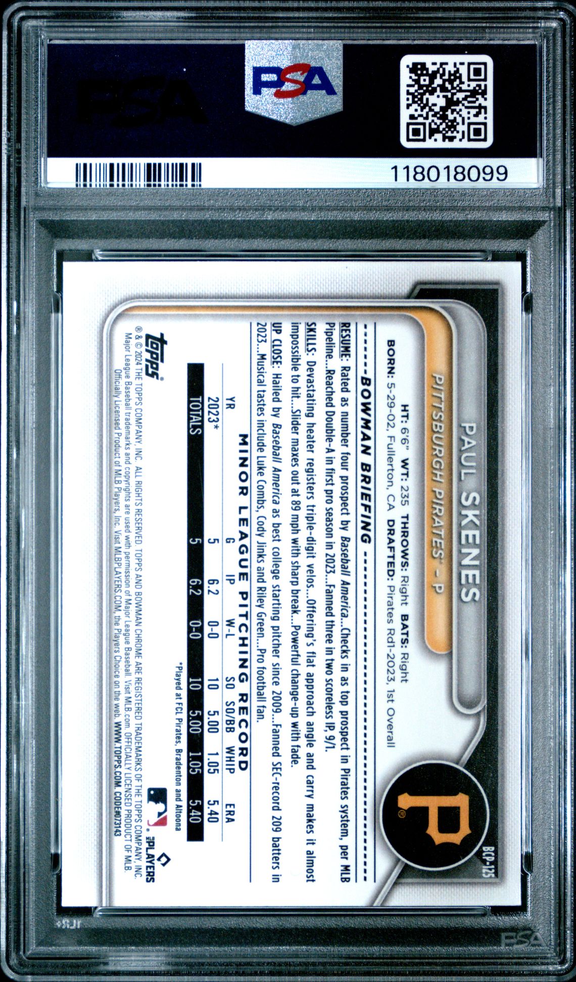 2024 Bowman Chrome Prospects Paul Skenes #Bcp125 Gem Mt 10 back