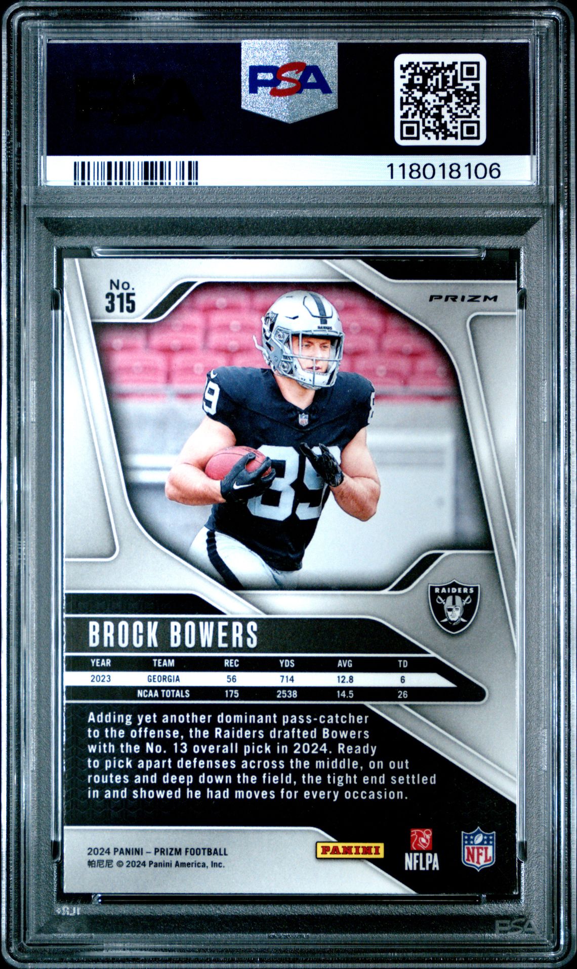 2024 Panini Prizm Brock Bowers #315 (Lazer Prizm) Mint 9 back