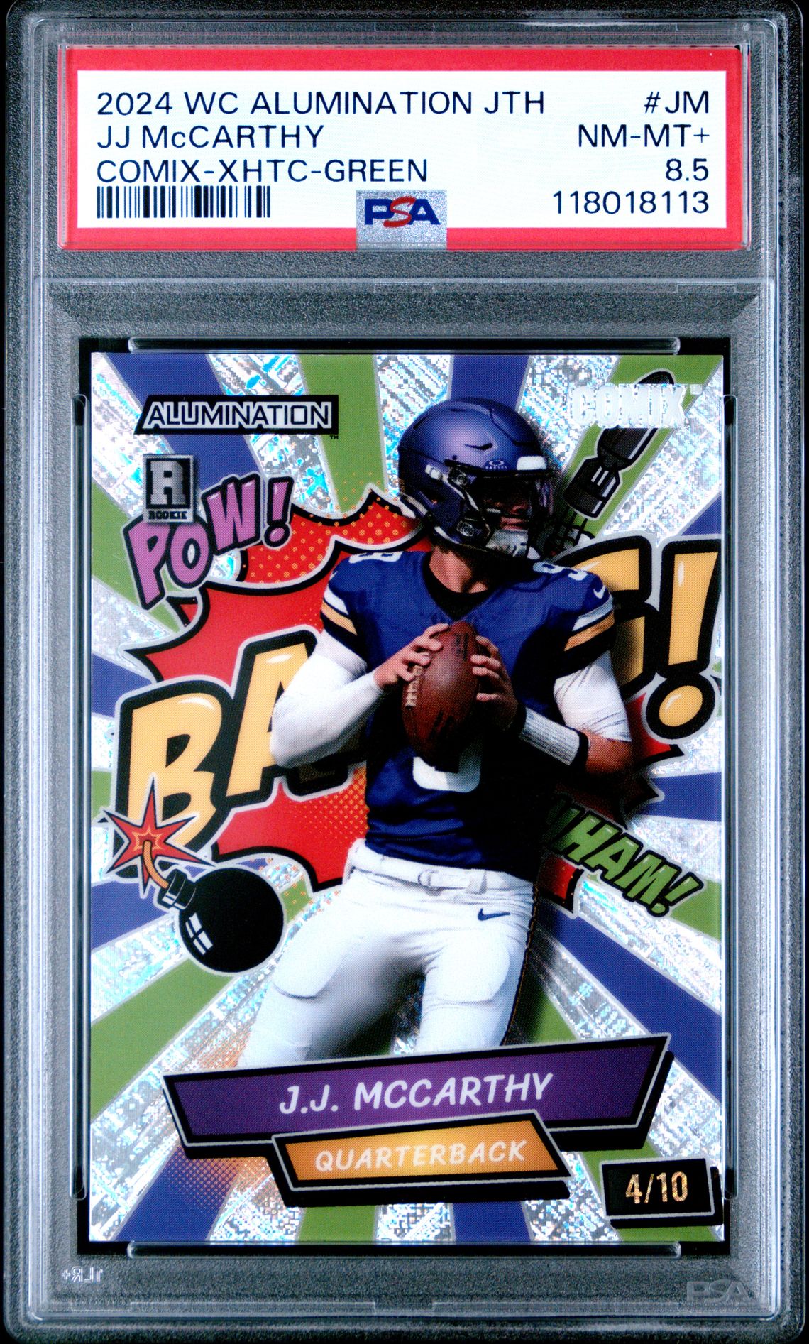 2024 Wild Card Alumination Just The Hits Comix Jj Mccarthy #Jm (Comix-Xhtc-Green) Nm-Mt+ 8.5 front