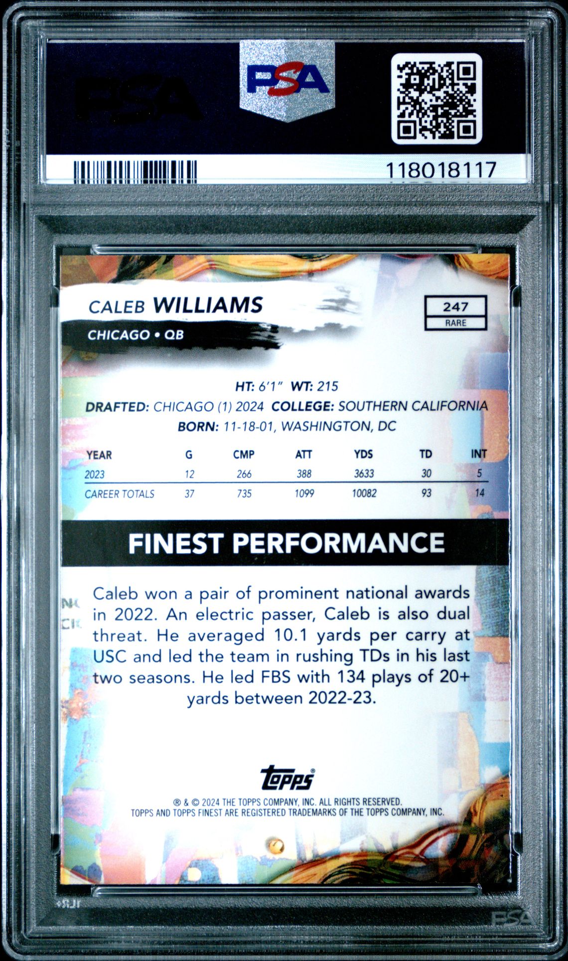 2024 Topps Finest Caleb Williams #247 Mint 9 back