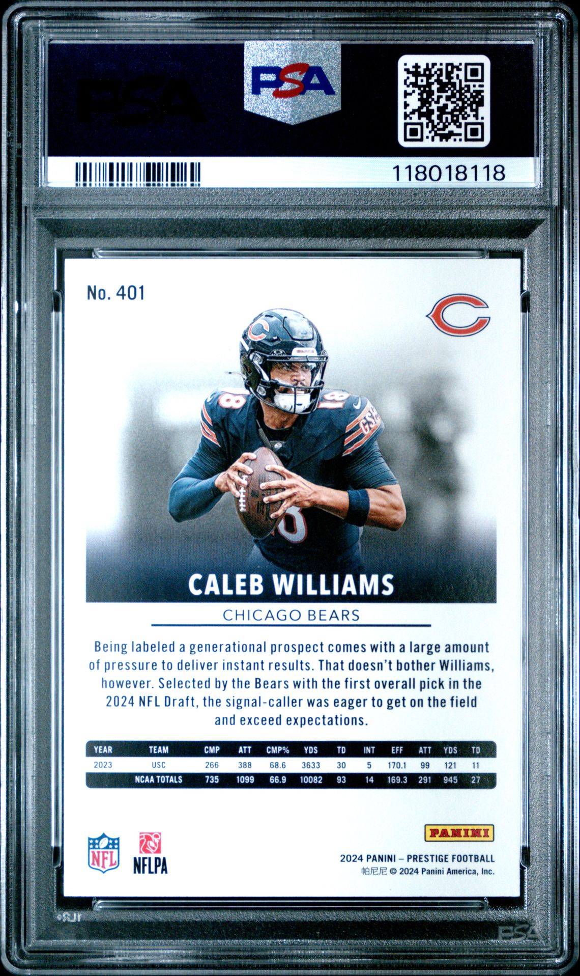 2024 Panini Prestige Caleb Williams #401 Gem Mt 10 back