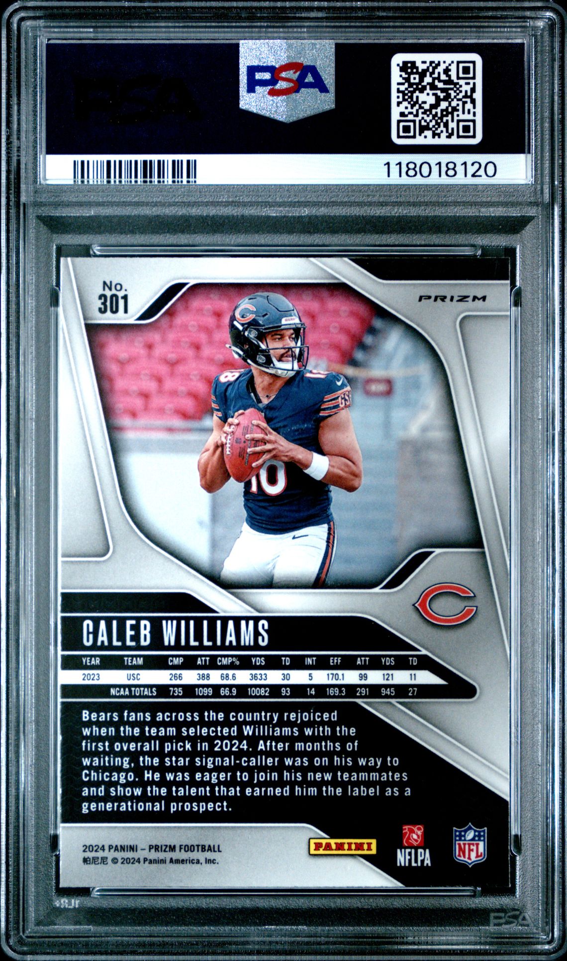 2024 Panini Prizm Caleb Williams #301 (Silver Prizm) Gem Mt 10 back