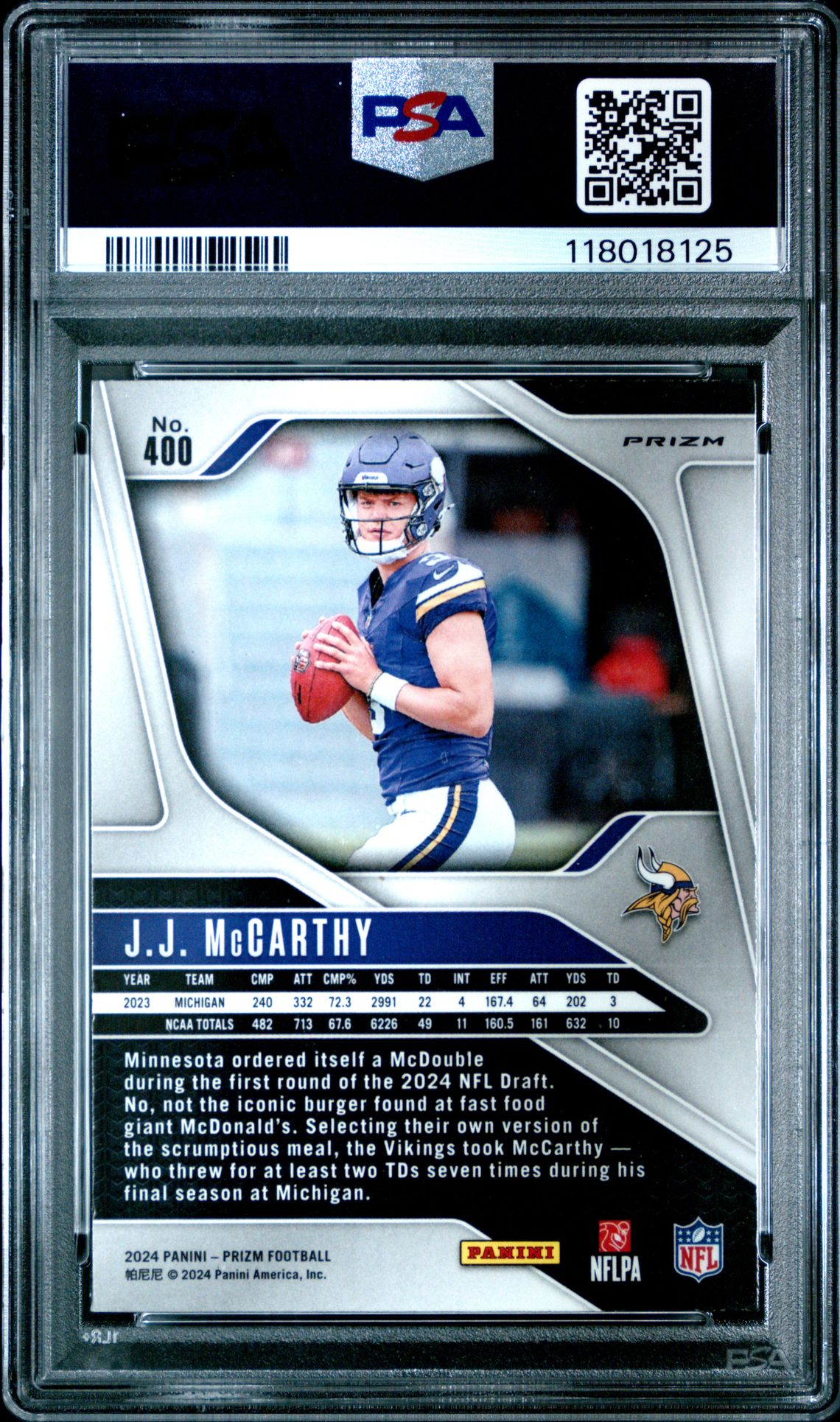 2024 Panini Prizm Jj Mccarthy #400 (Disco Prizm) Gem Mt 10 back