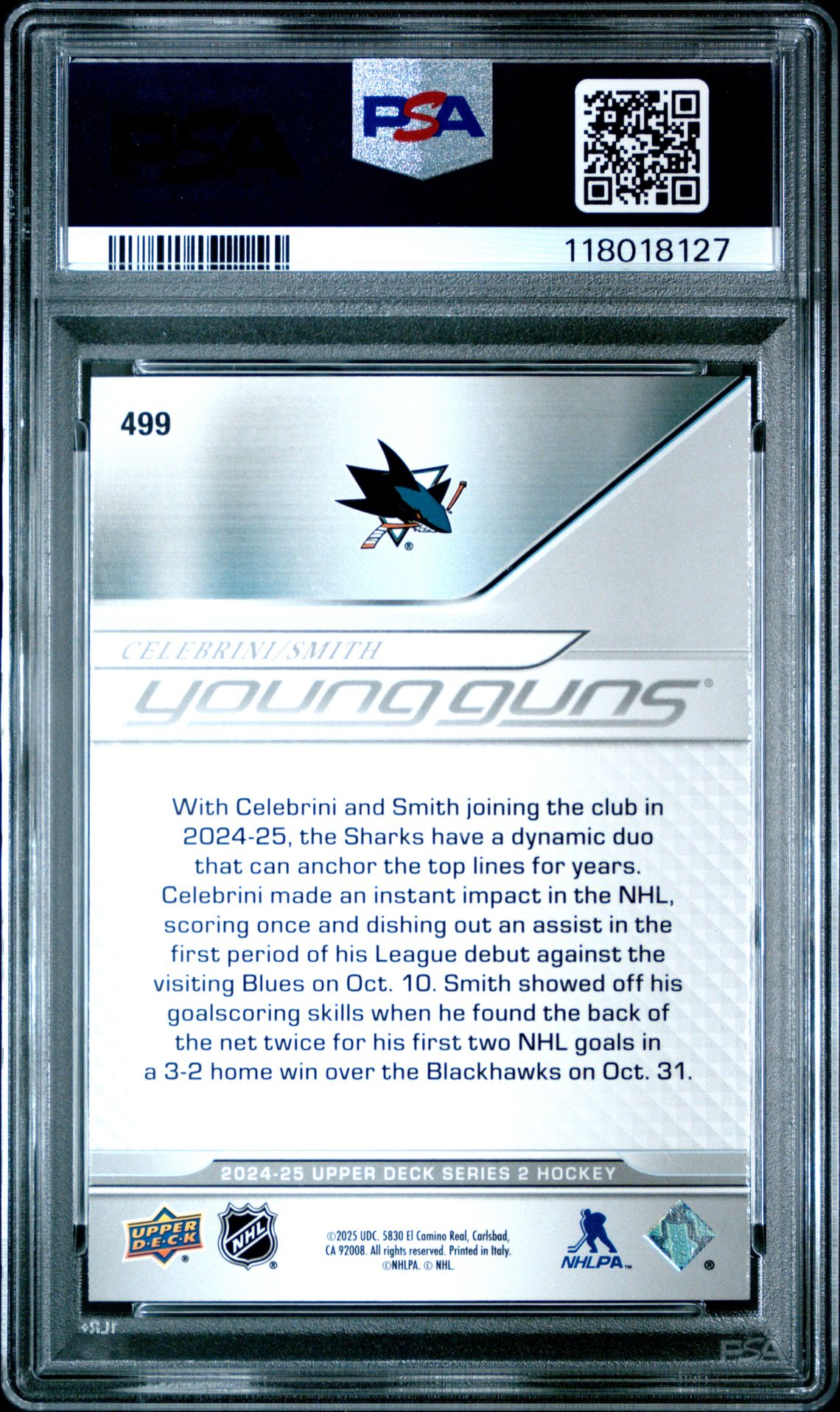 2024 Upper Deck Celebrini/Smith #499 Mint 9 back