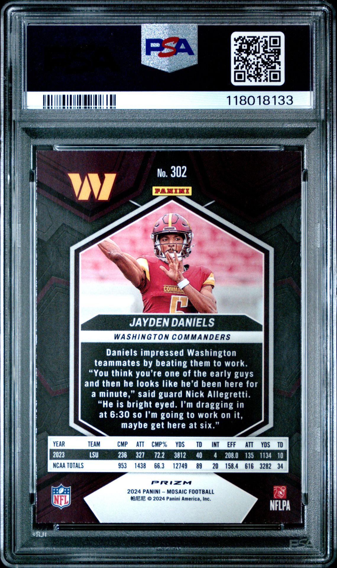 2024 Panini Mosaic Jayden Daniels #302 (Reactive Yellow) Gem Mt 10 back