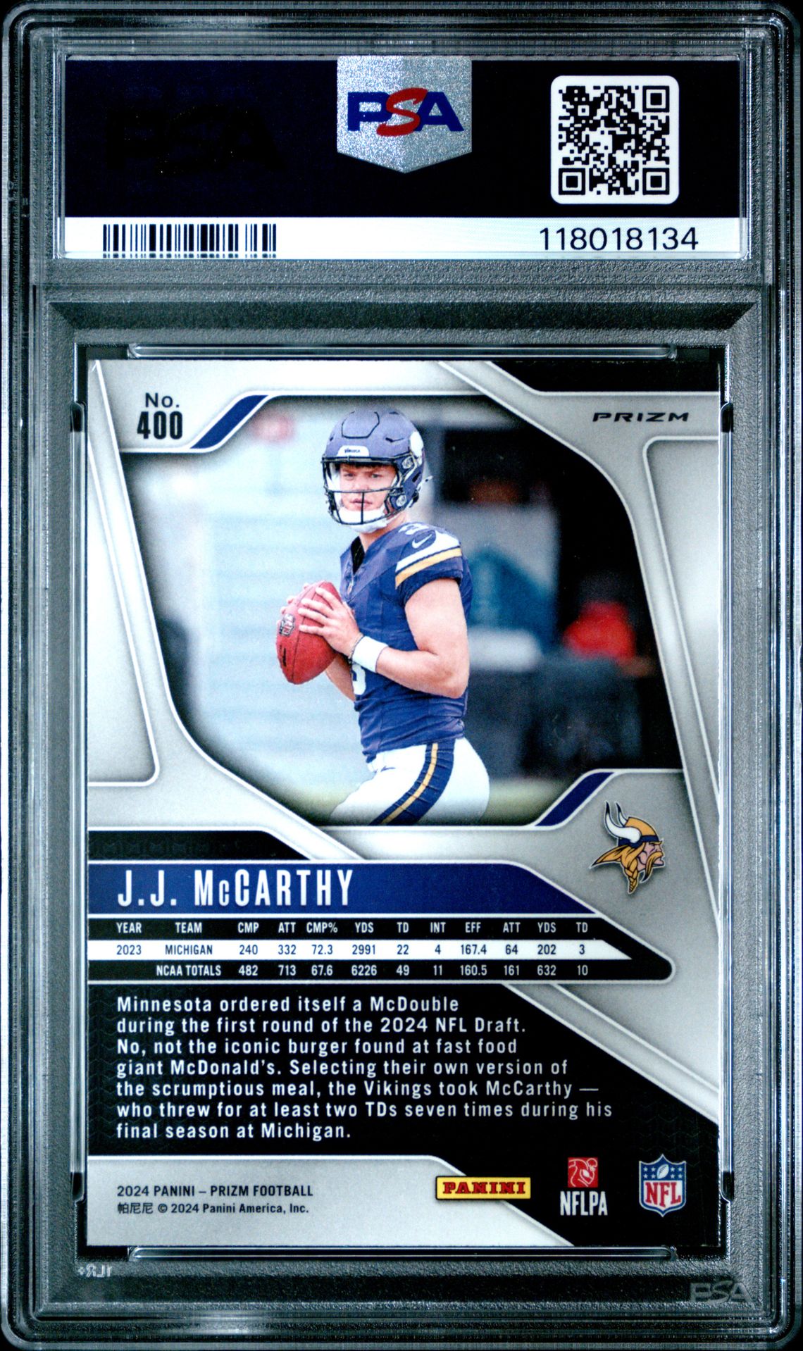 2024 Panini Prizm Jj Mccarthy #400 (Lazer Prizm) Mint 9 back