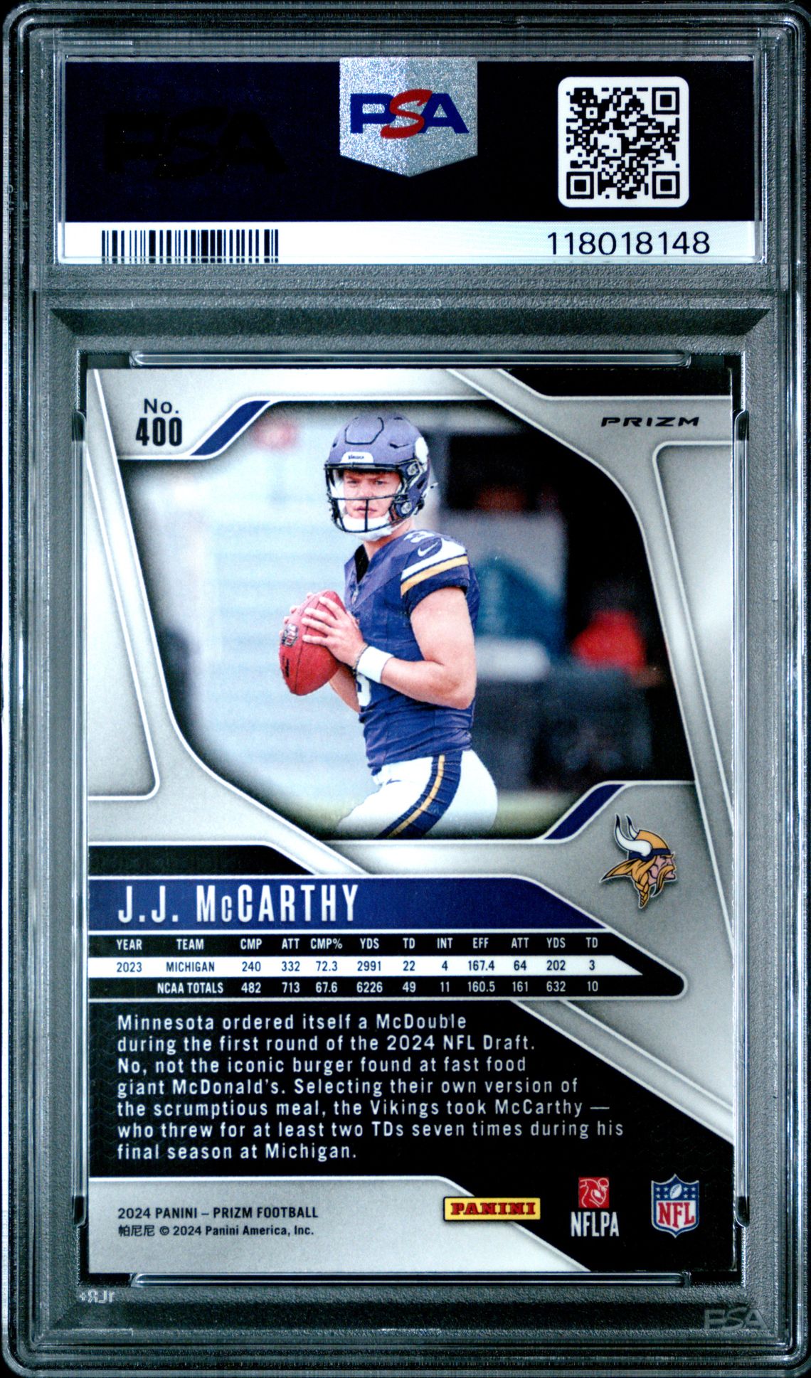 2024 Panini Prizm Jj Mccarthy #400 (Lazer Prizm) Mint 9 back