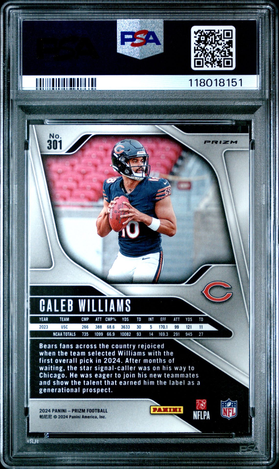 2024 Panini Prizm Caleb Williams #301 (Silver Prizm) Mint 9 back