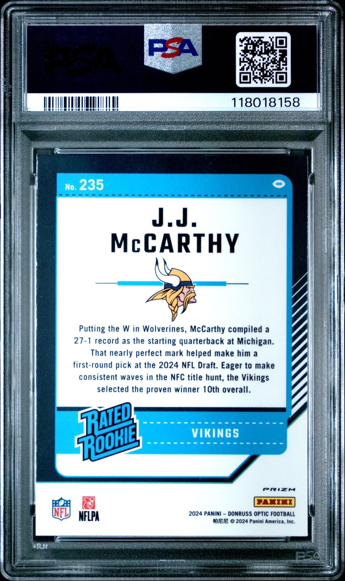 2024 Panini Donruss Optic Jj Mccarthy #235 (Blue Scope) Gem Mt 10 back