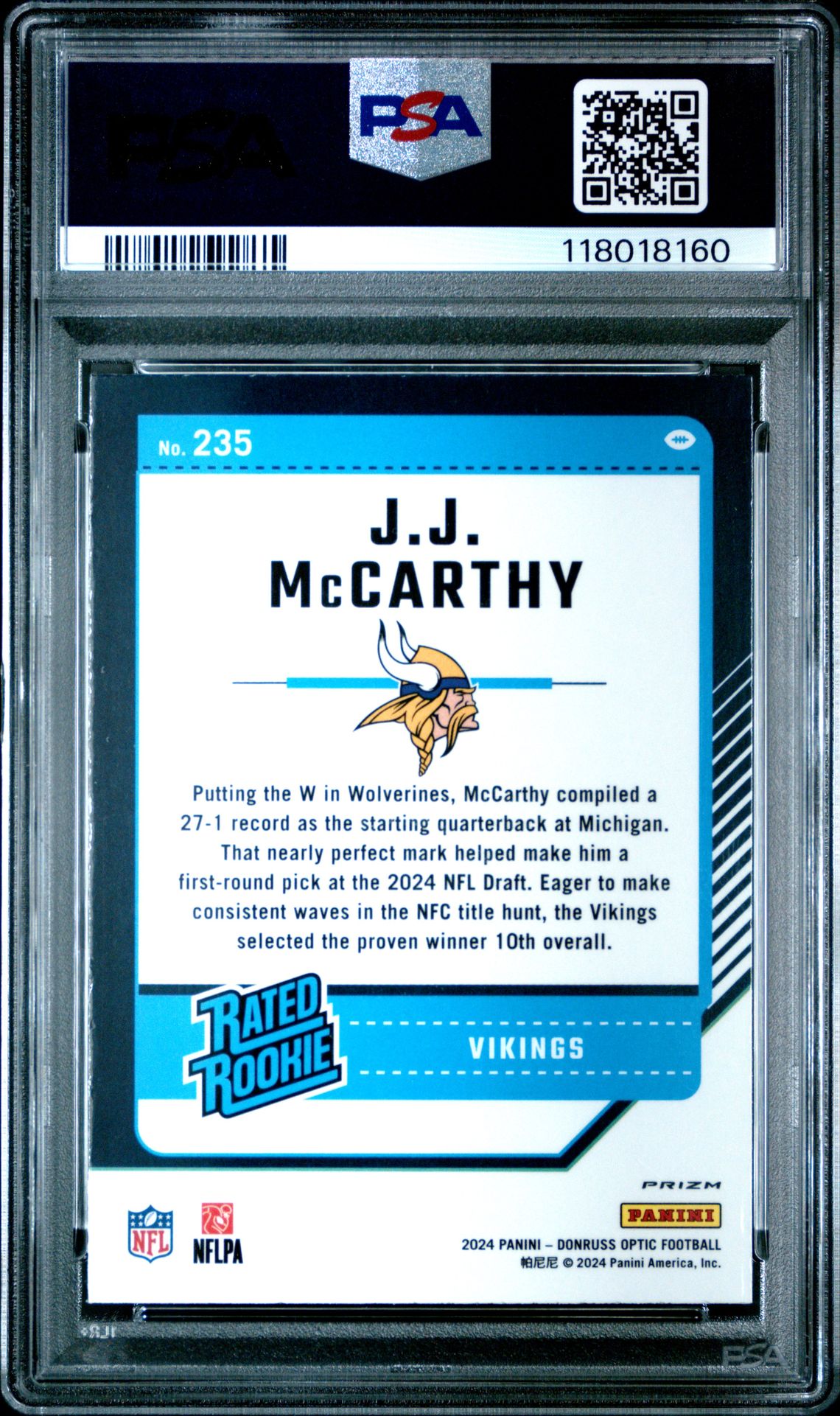 2024 Panini Donruss Optic Jj Mccarthy #235 (Blue Hyper) Gem Mt 10 back