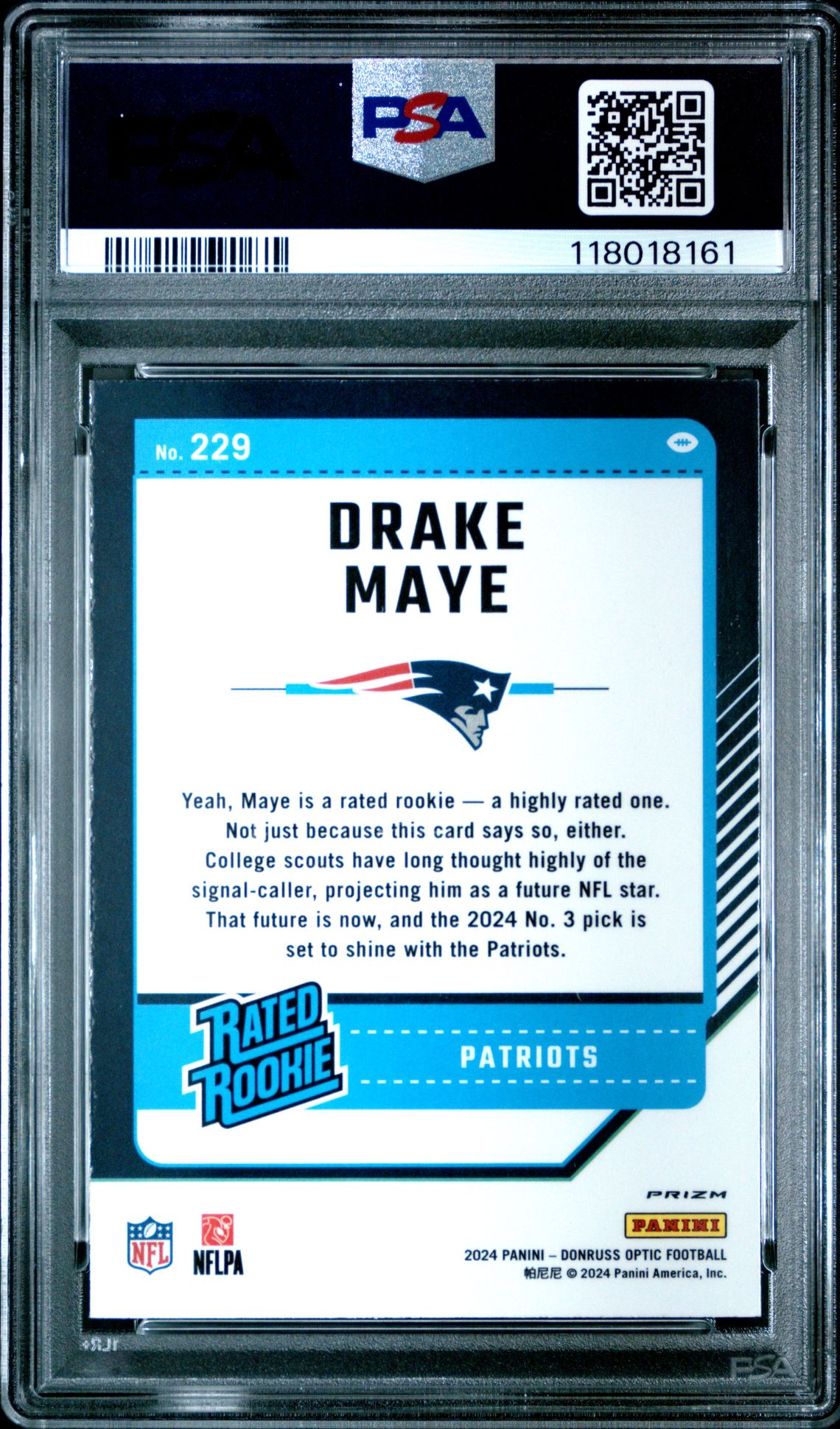 2024 Panini Donruss Optic Drake Maye #229 (Blue Hyper) Mint 9 back