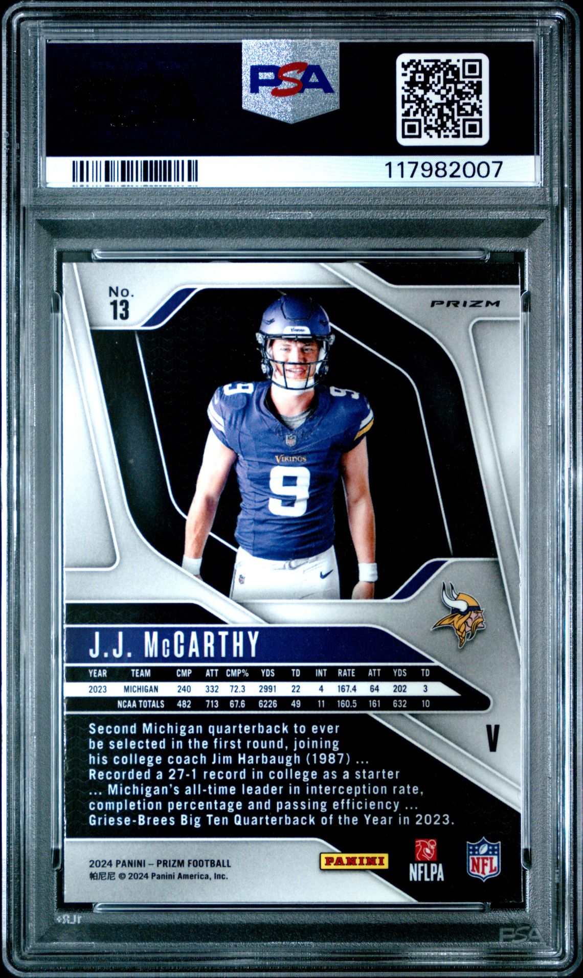 2024 Panini Prizm Rookie Variation Jj Mccarthy #13 Mint 9 back