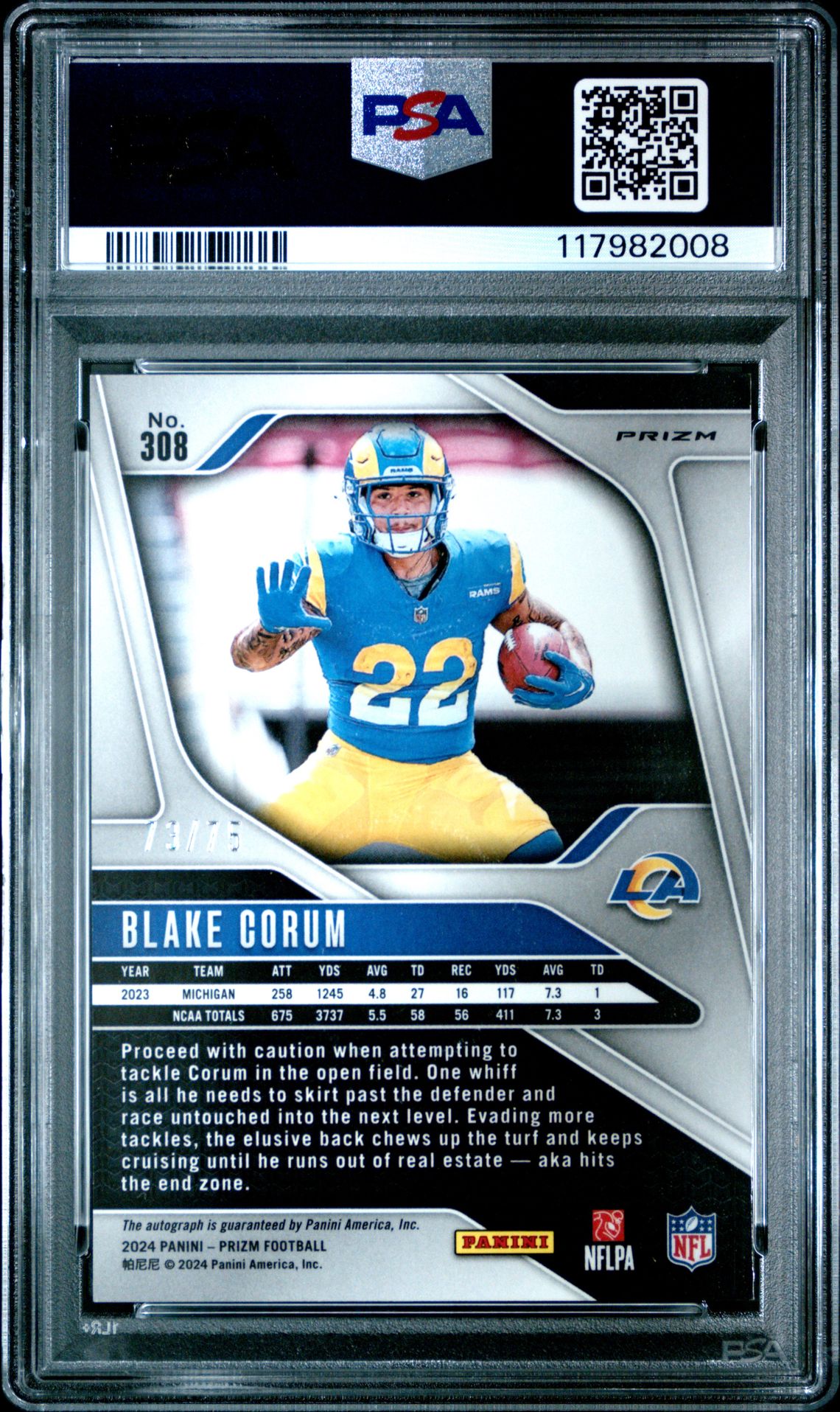 2024 Panini Prizm Blake Corum #308 (Autograph-Green Scope) Gem Mt 10 back