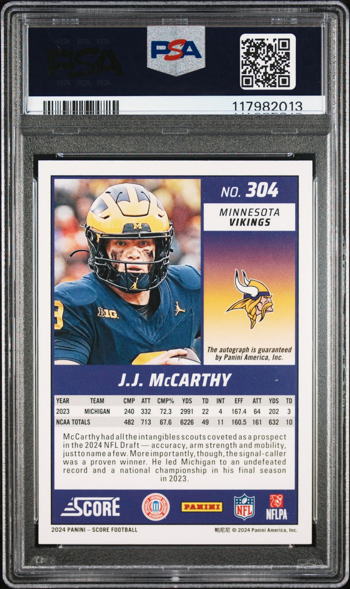 2024 Panini Score Jj Mccarthy #304 (Signature) Mint 9 back