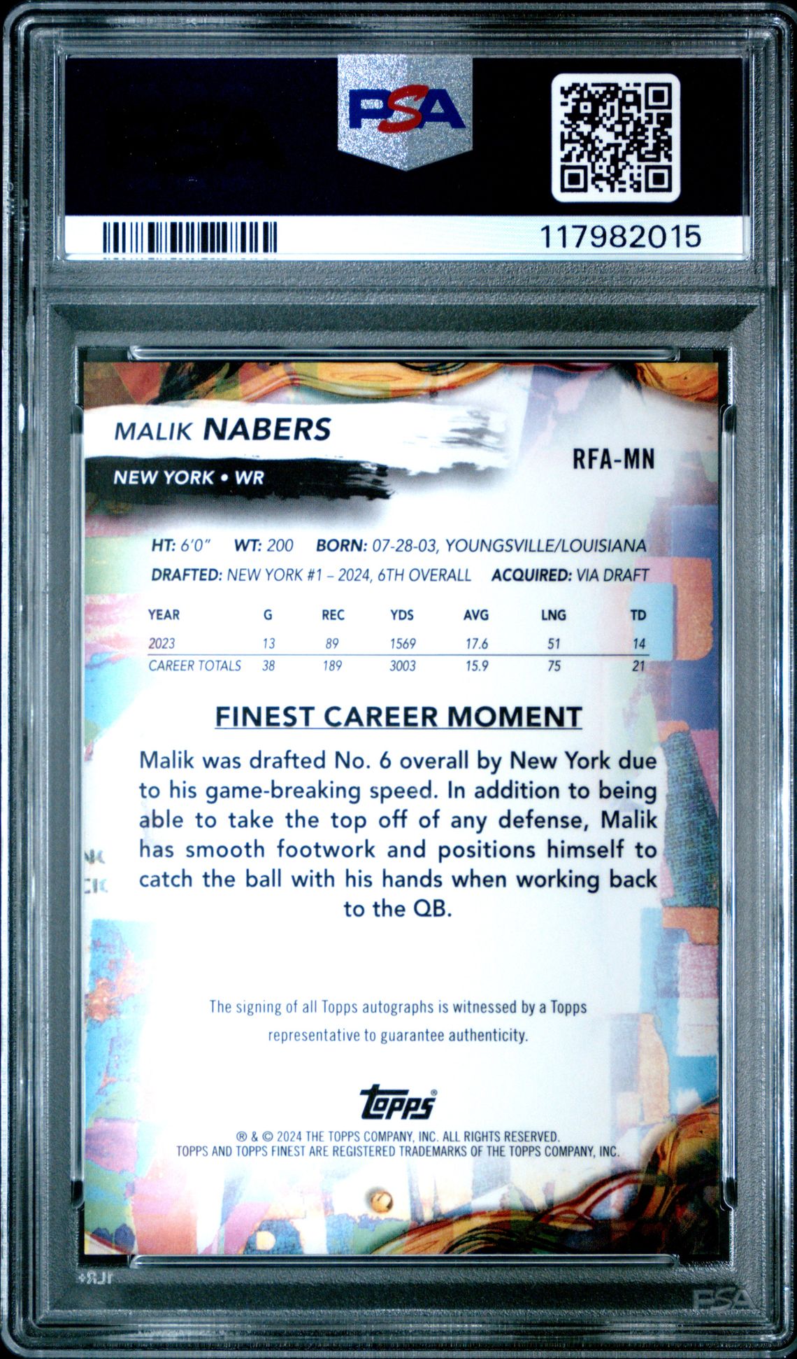 2024 Topps Finest Rookie Finest Autographs Malik Nabers #Rfamn Gem Mt 10 back