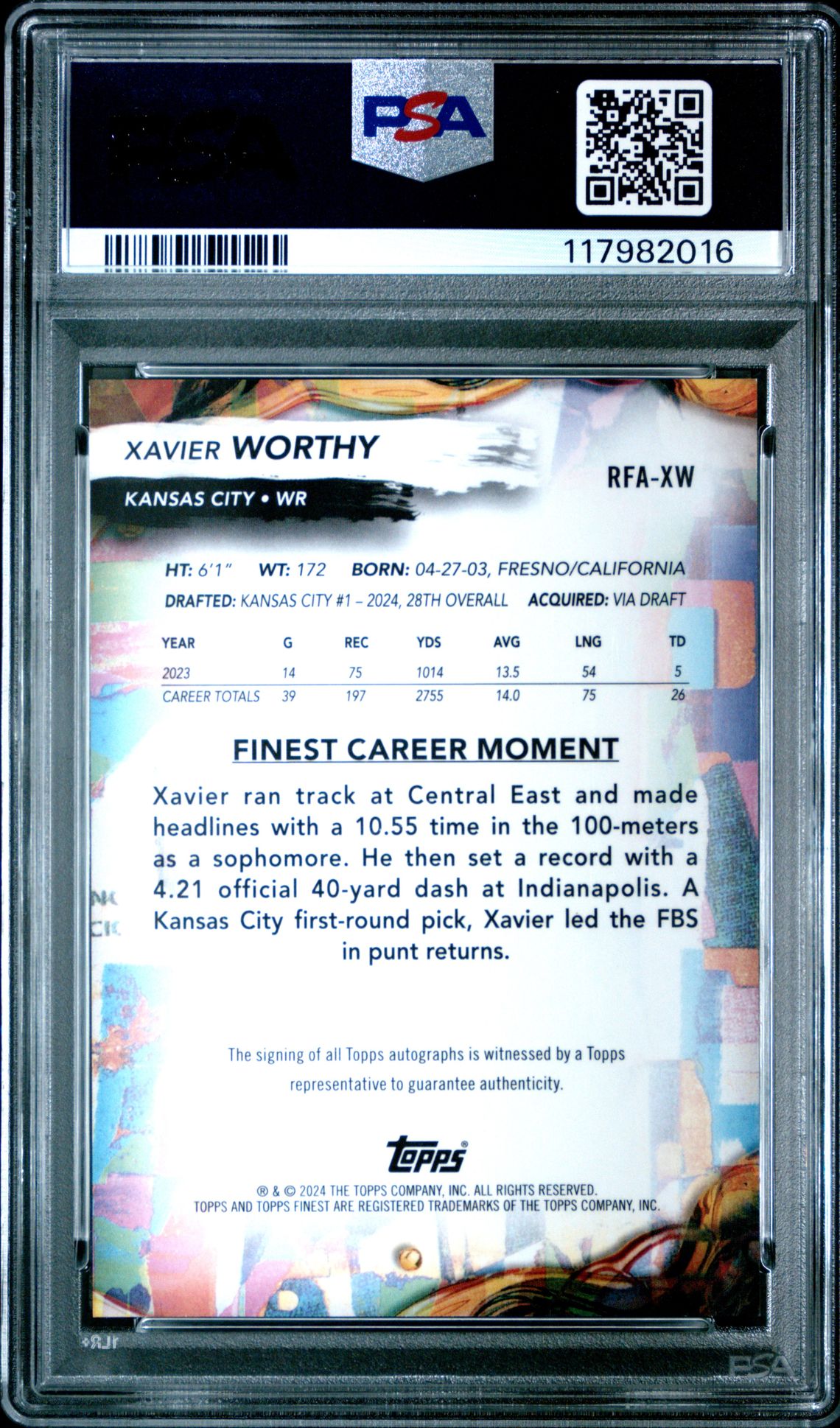 2024 Topps Finest Rookie Finest Autographs Xavier Worthy #Rfaxw Gem Mt 10 back
