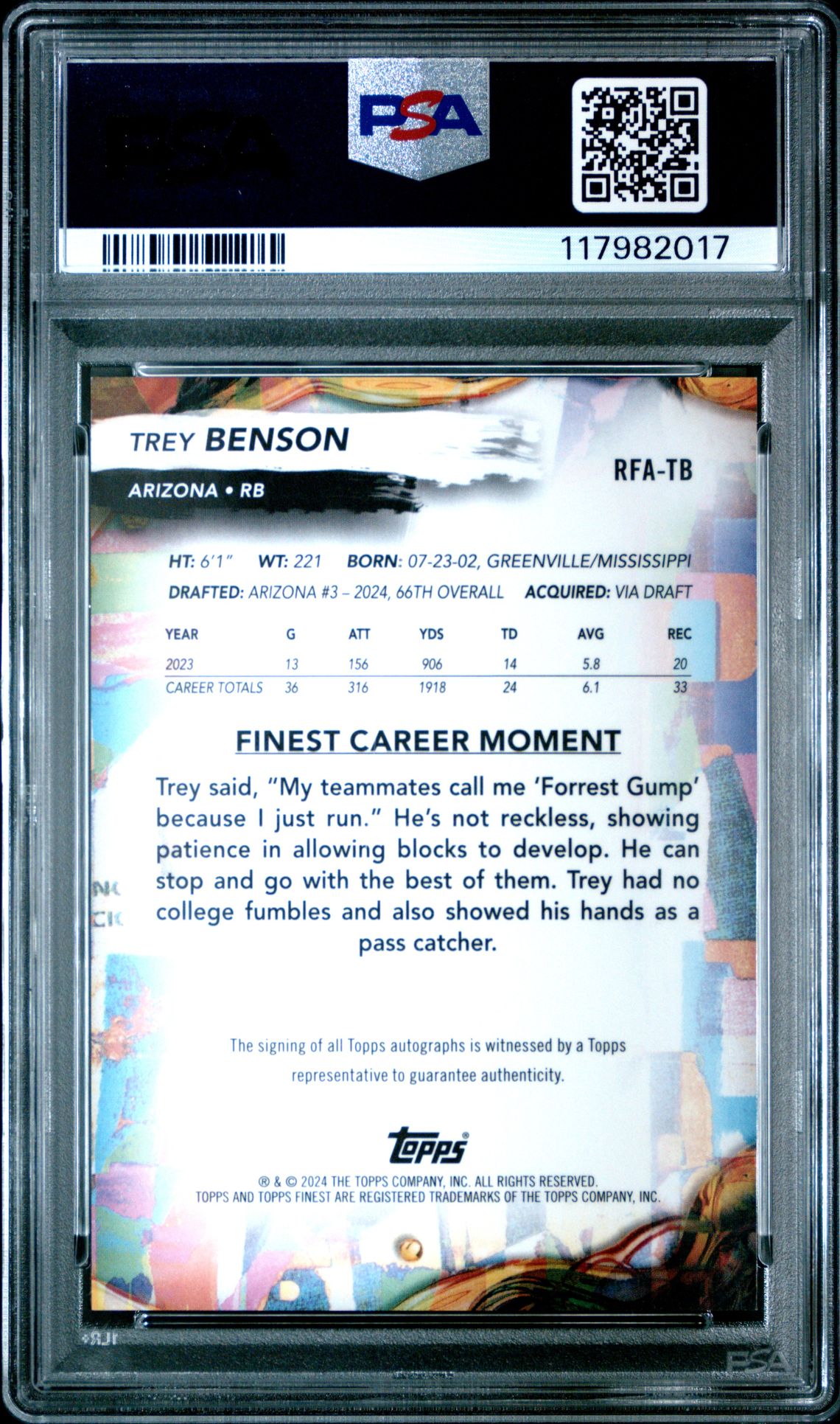 2024 Topps Finest Rookie Finest Autographs Trey Benson #Rfatb (Rookie Finest Au-Blue Geo) Gem Mt 10 back