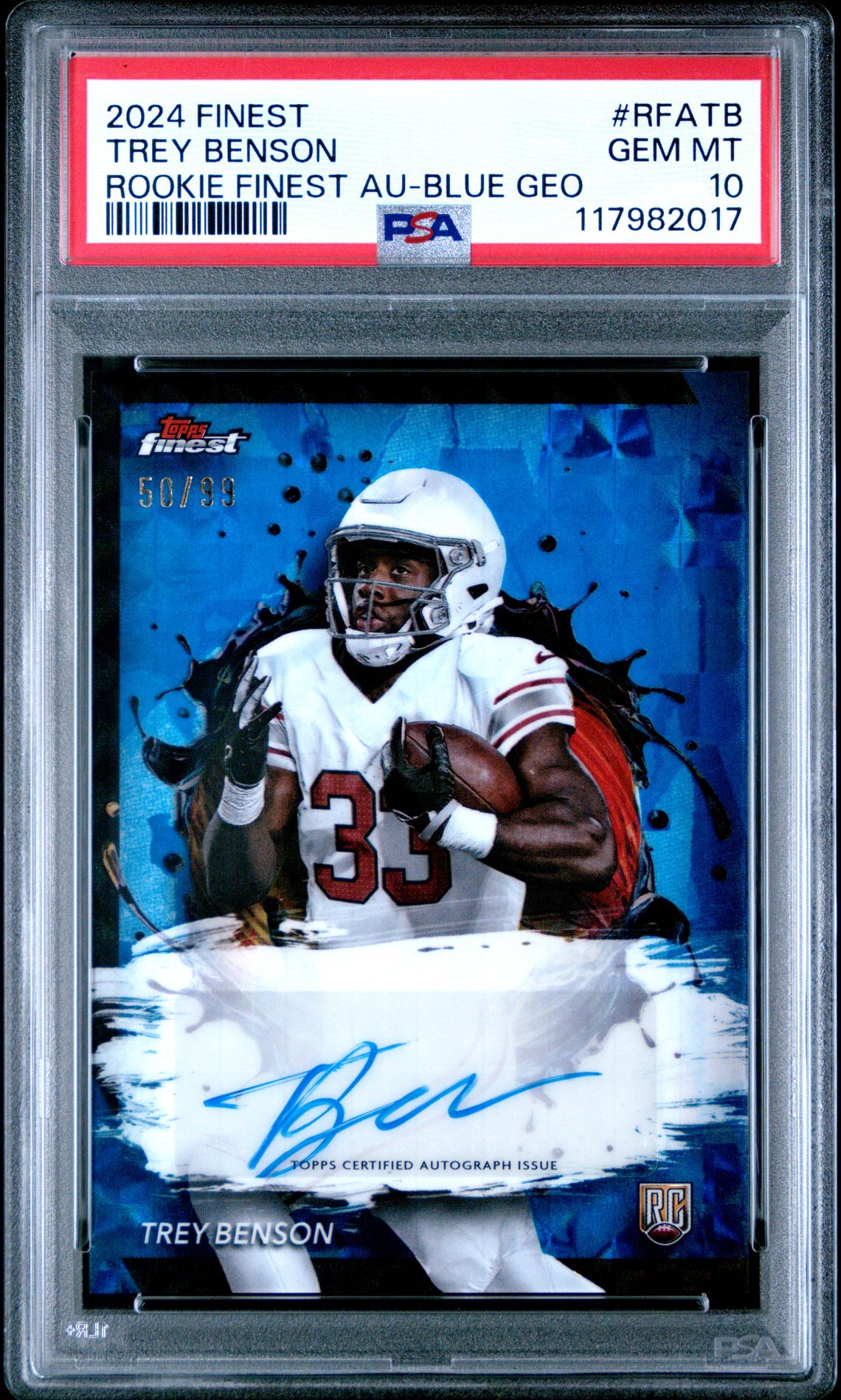 2024 Topps Finest Rookie Finest Autographs Trey Benson #Rfatb (Rookie Finest Au-Blue Geo) Gem Mt 10 front