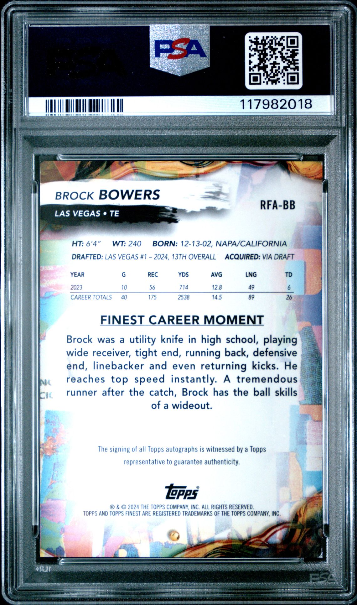 2024 Topps Finest Rookie Finest Autographs Brock Bowers #Rfabb Mint 9 back