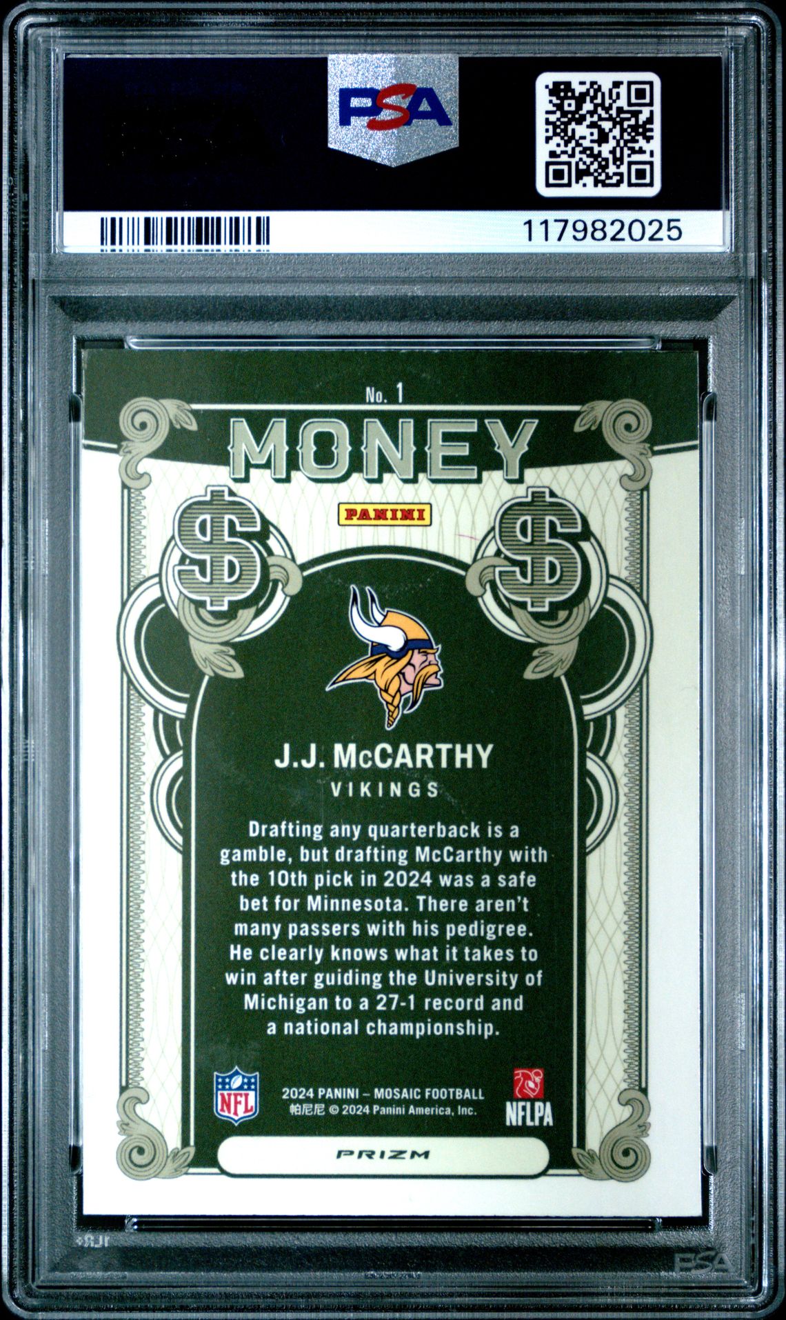 2024 Panini Mosaic Money Jj Mccarthy #1 Mint 9 back
