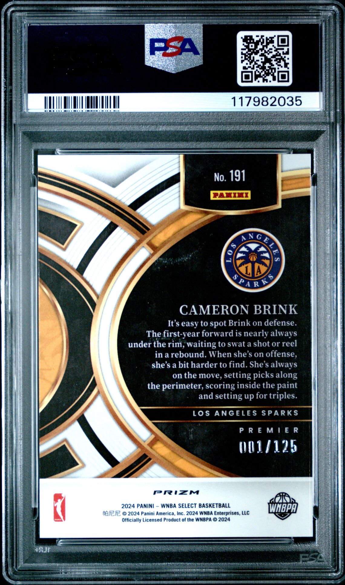 2024 Panini Select Wnba Cameron Brink #191 (Orange Prizm) Gem Mt 10 back