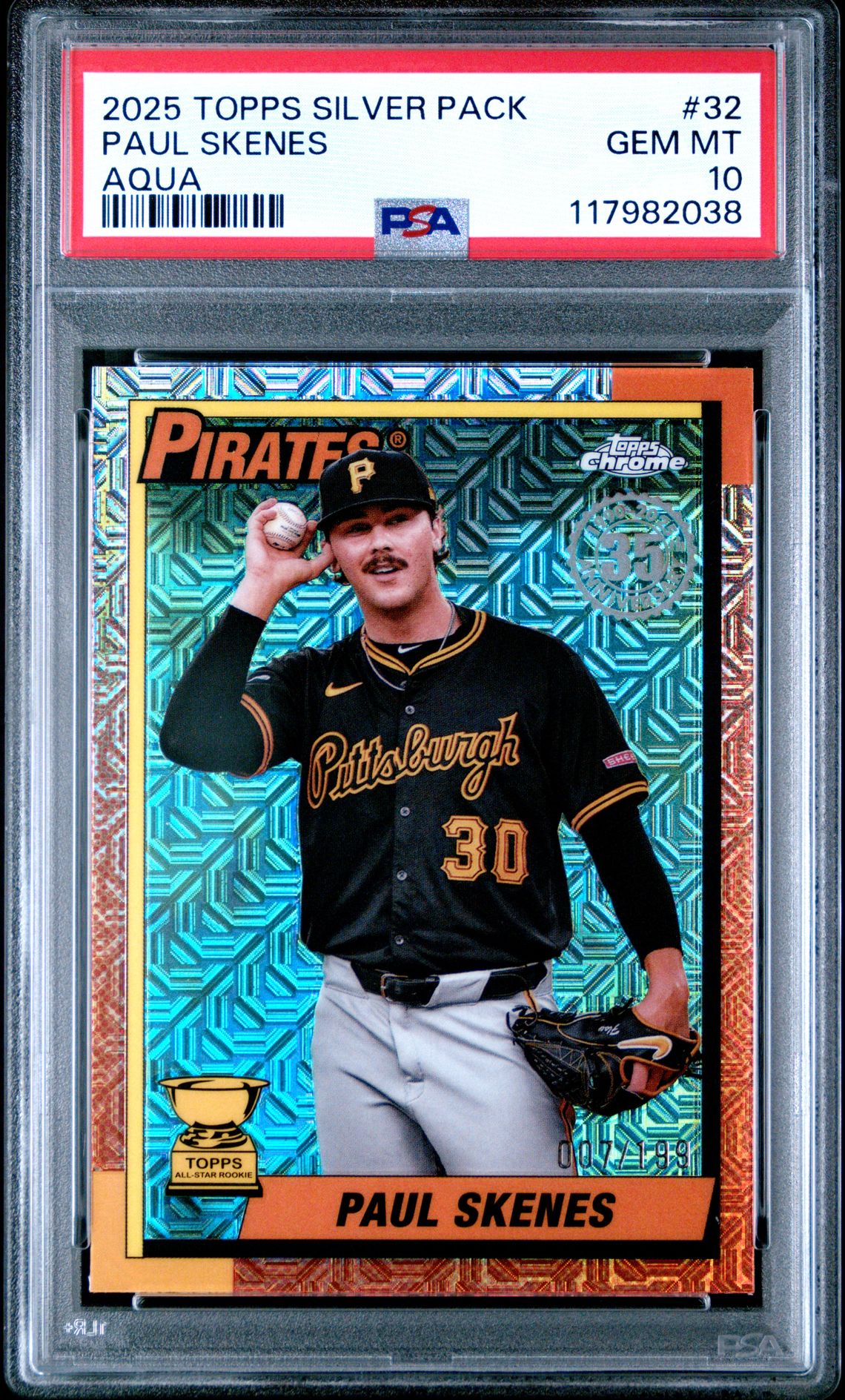 2025 Topps Silver Pack 1990 Chrome Promo Paul Skenes #32 (Aqua) Gem Mt 10 front