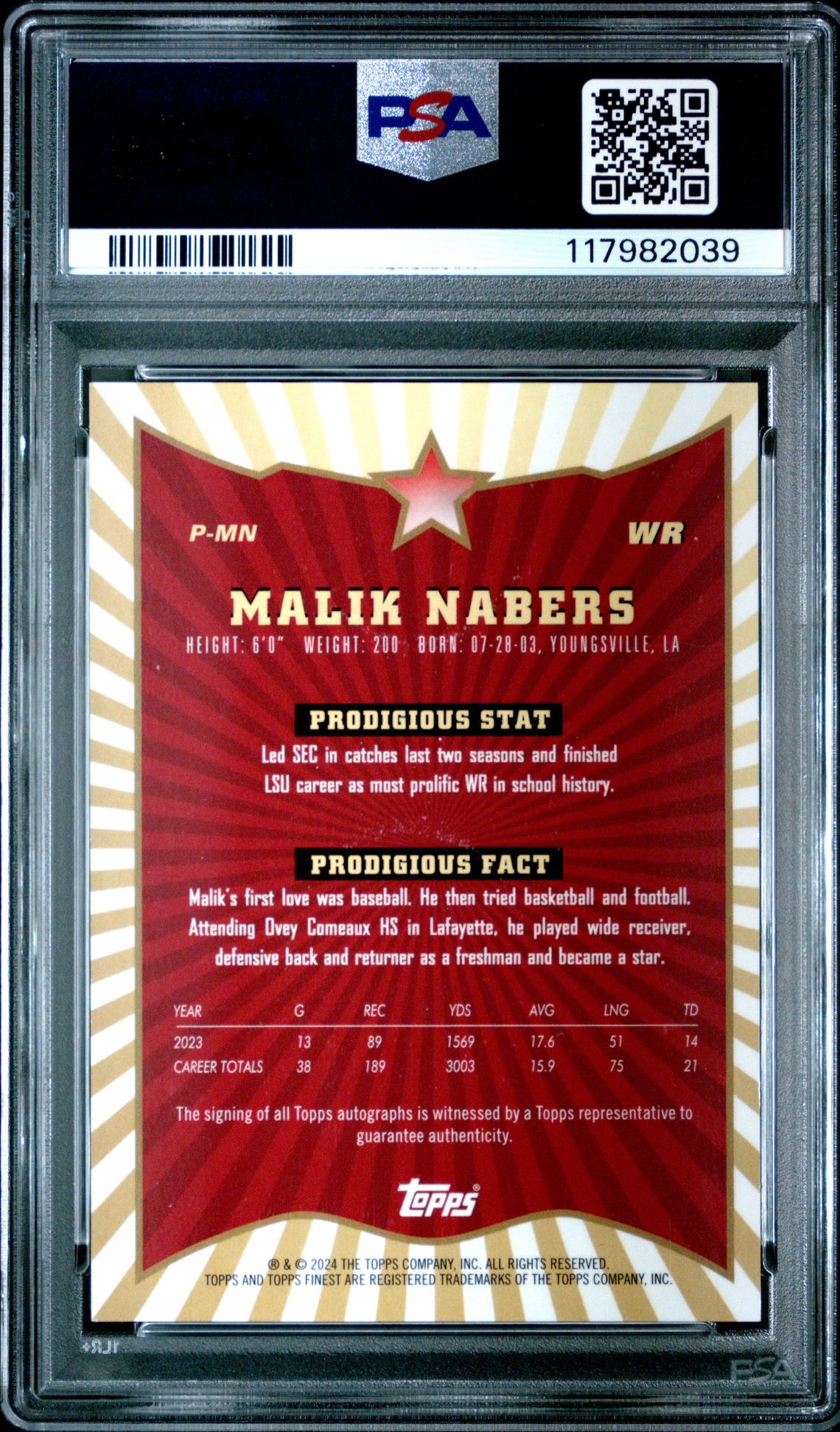2024 Topps Finest Prodigies Autographs Malik Nabers #Pmn (Prodigies Auto-Blue Chkbd) Mint 9 back