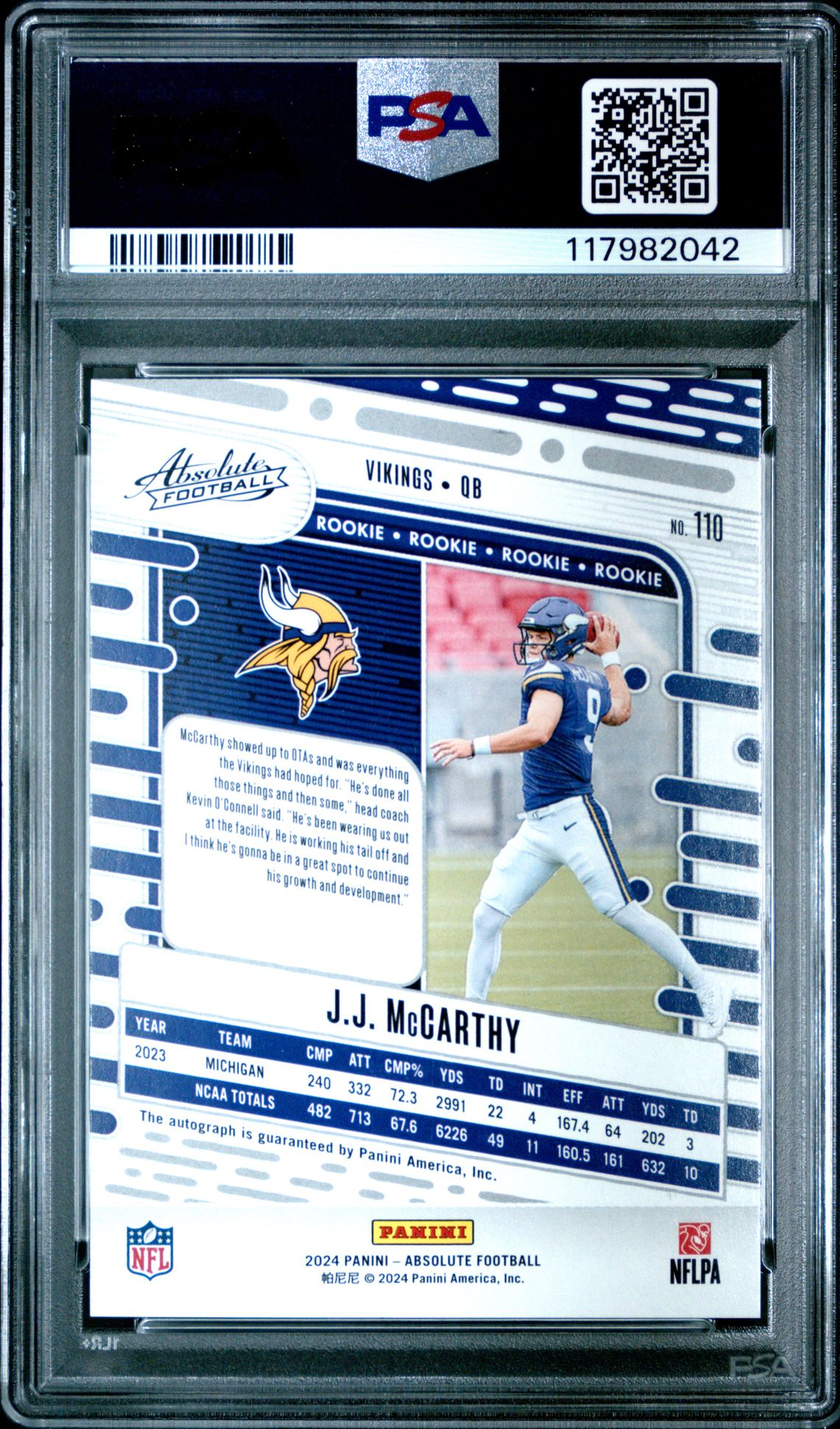 2024 Panini Absolute Jj Mccarthy #110 (Signature) Mint 9 back