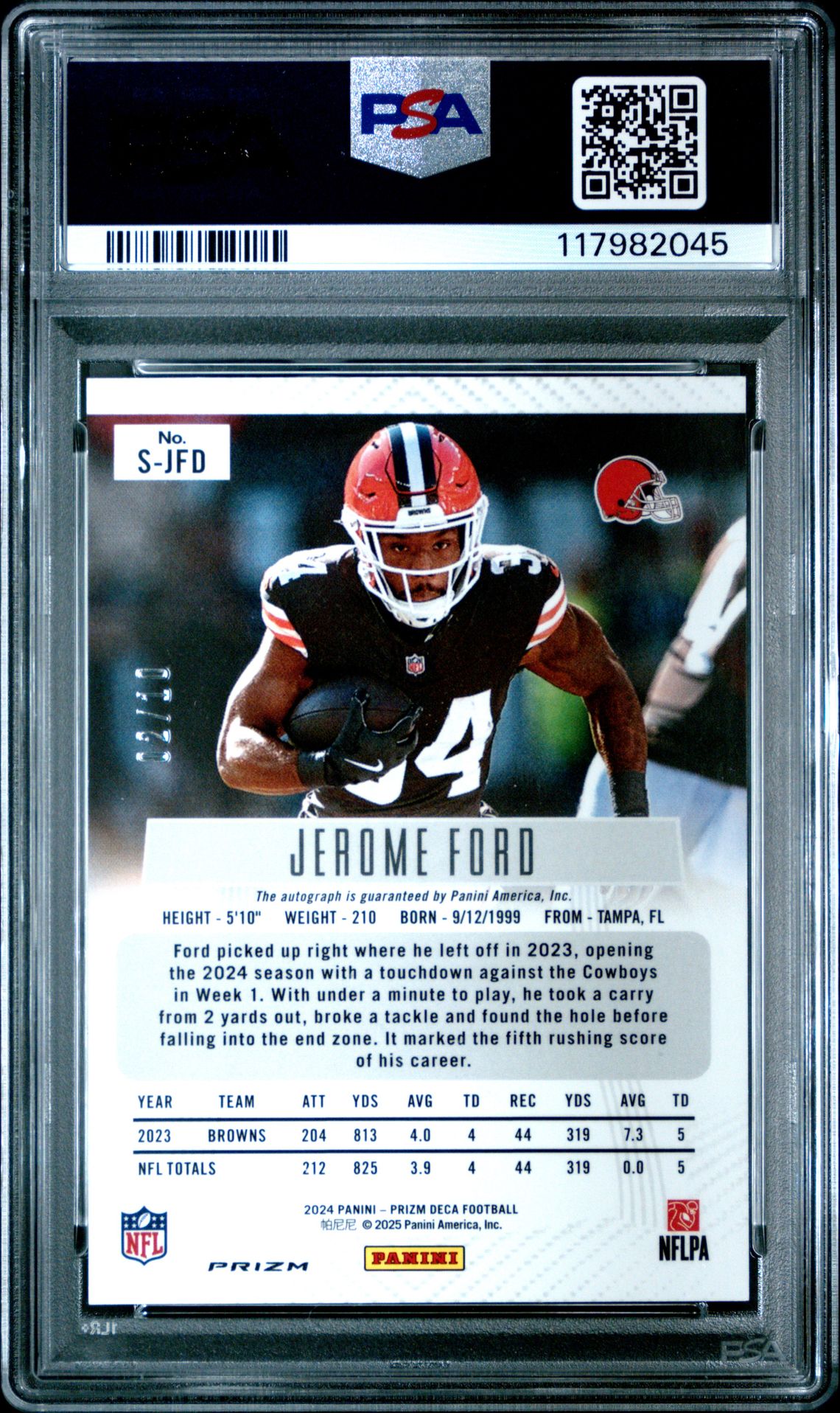 2024 Panini Prizm Deca Signatures Jerome Ford #Sjfd (Sig-Gold Shimmer Fotl) Mint 9 back