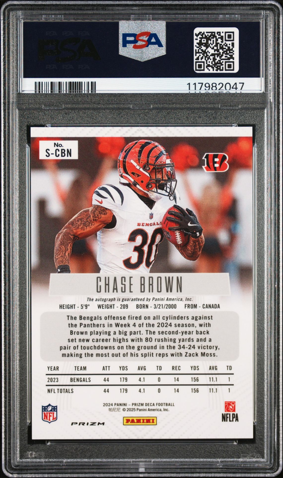 2024 Panini Prizm Deca Signatures Chase Brown #Scbn (Signature-Silver Prizm) Mint 9 back