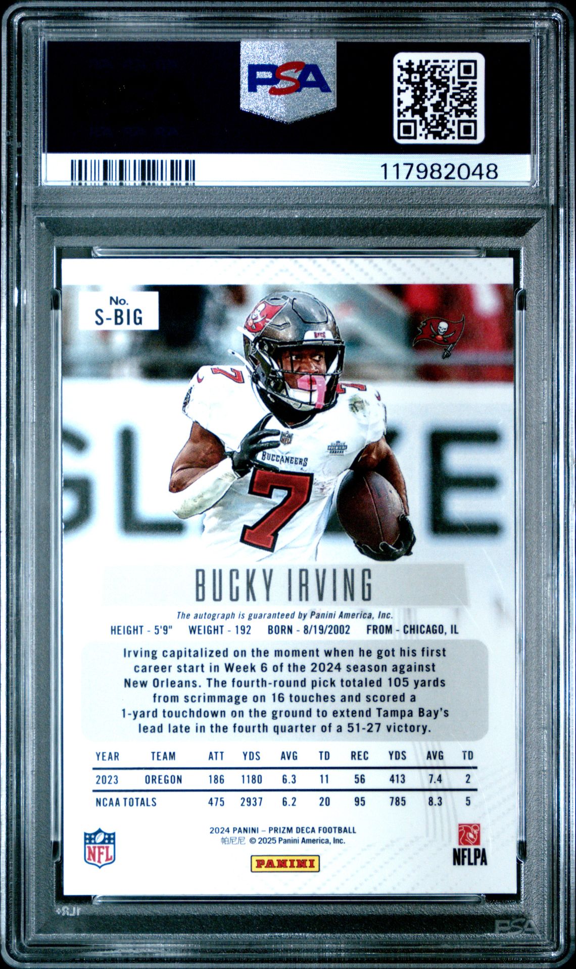 2024 Panini Prizm Deca Signatures Bucky Irving #Sbig Mint 9 back