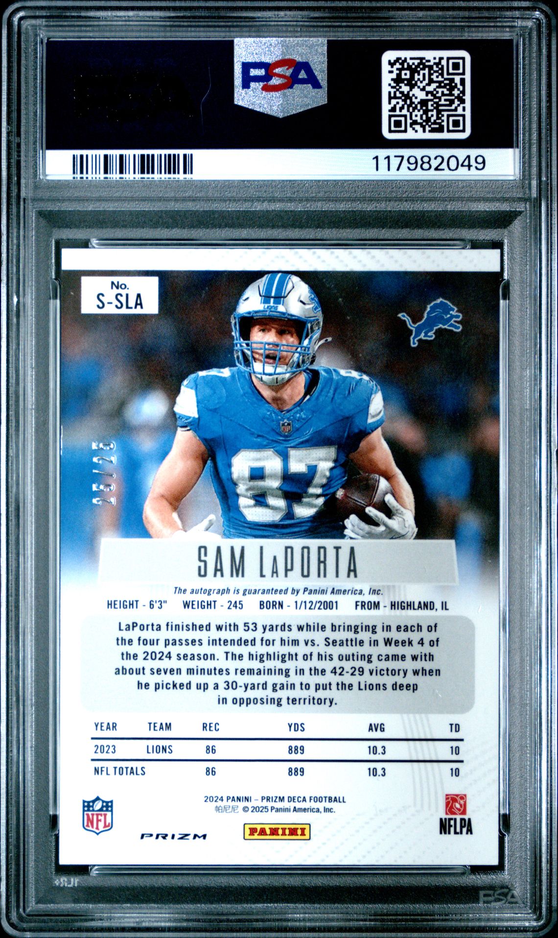 2024 Panini Prizm Deca Signatures Sam Laporta #Ssla (Signature-Mojo Prizm) Gem Mt 10 back