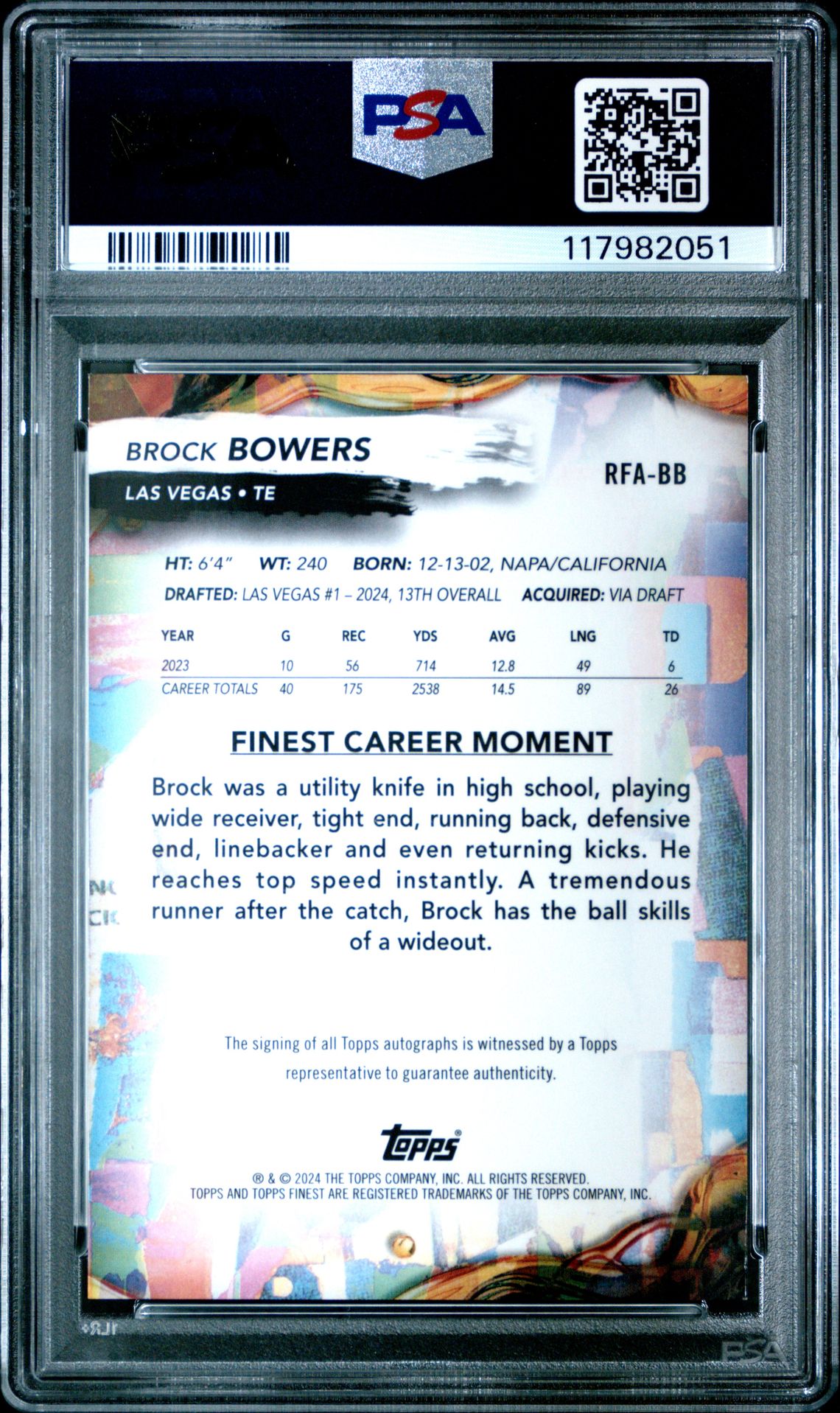 2024 Topps Finest Rookie Finest Autographs Brock Bowers #Rfabb Mint 9 back