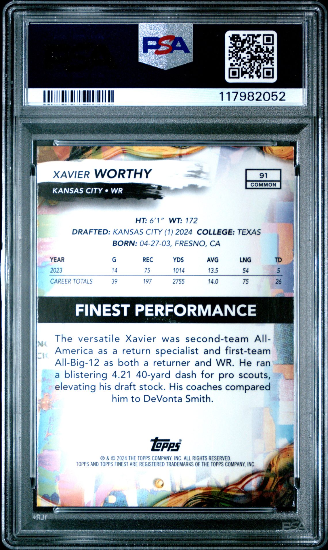 2024 Topps Finest Xavier Worthy #91 (Purple Checkerboard) Gem Mt 10 back