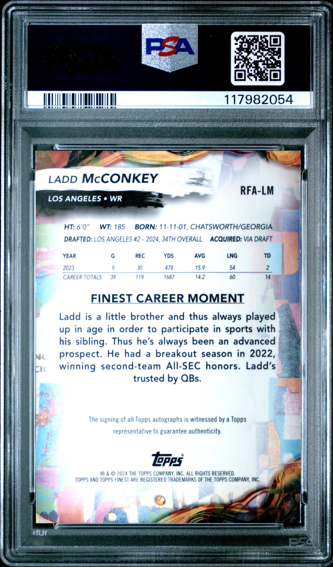 2024 Topps Finest Rookie Finest Autographs Ladd Mcconkey #Rfalm (Rk Finest Auto-Blue Chkbd) Mint 9 back