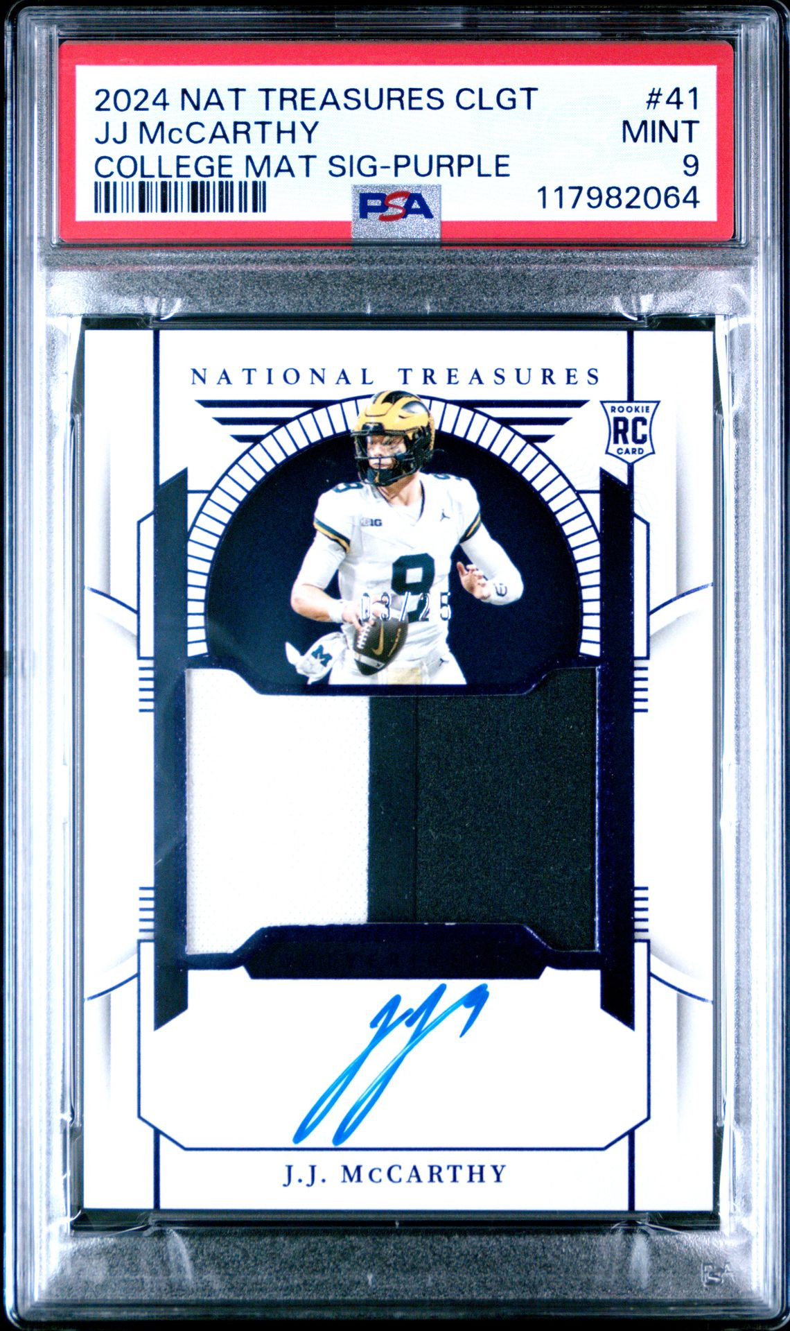2024 Panini National Treasures Collegiate Jj Mccarthy #41 (College Mat Sig-Purple) Mint 9 front