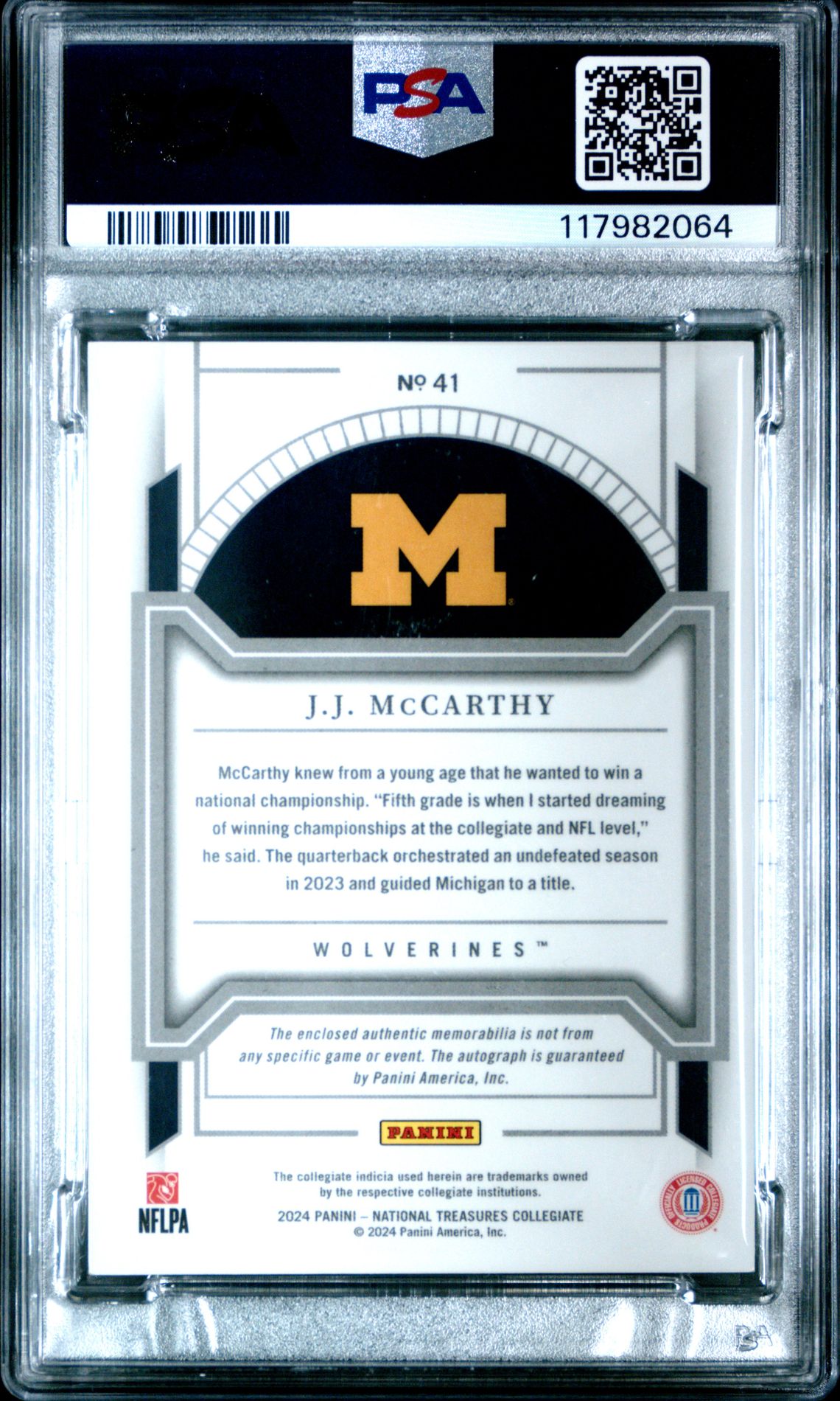 2024 Panini National Treasures Collegiate Jj Mccarthy #41 (College Mat Sig-Purple) Mint 9 back