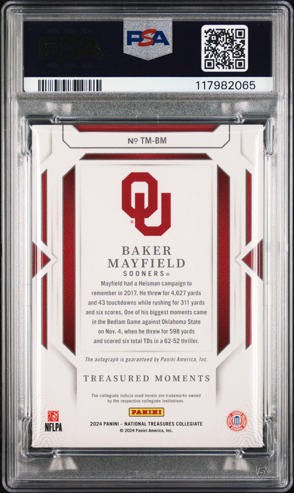 2024 Panini National Treasures Collegiate Treasured Moments Signatures Baker Mayfield #Tmbm (Treasured Moments Sig) Mint 9 back